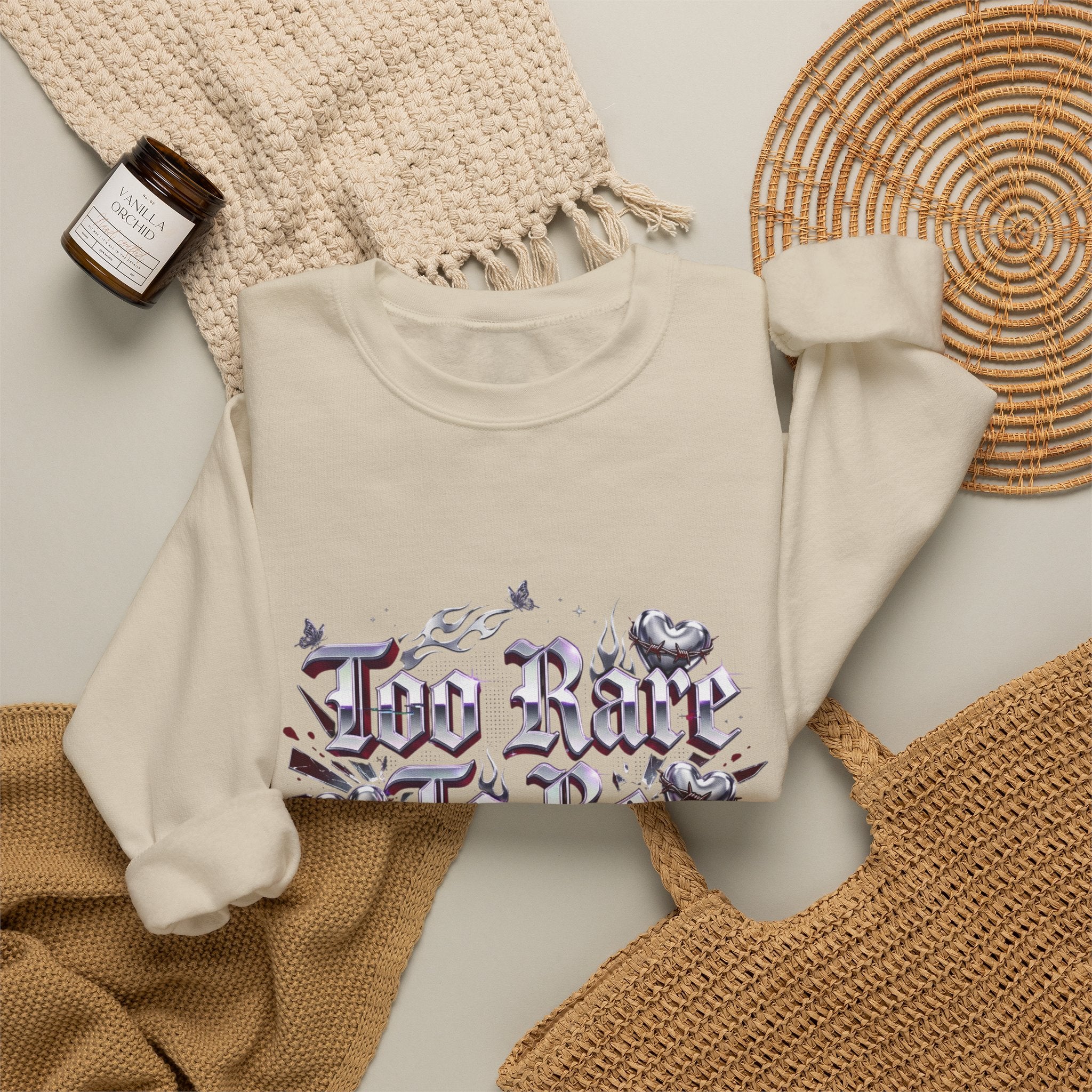 Too Rare To Be Real Sweatshirt | Y2K slogan, rhinestone look, hot pink accents