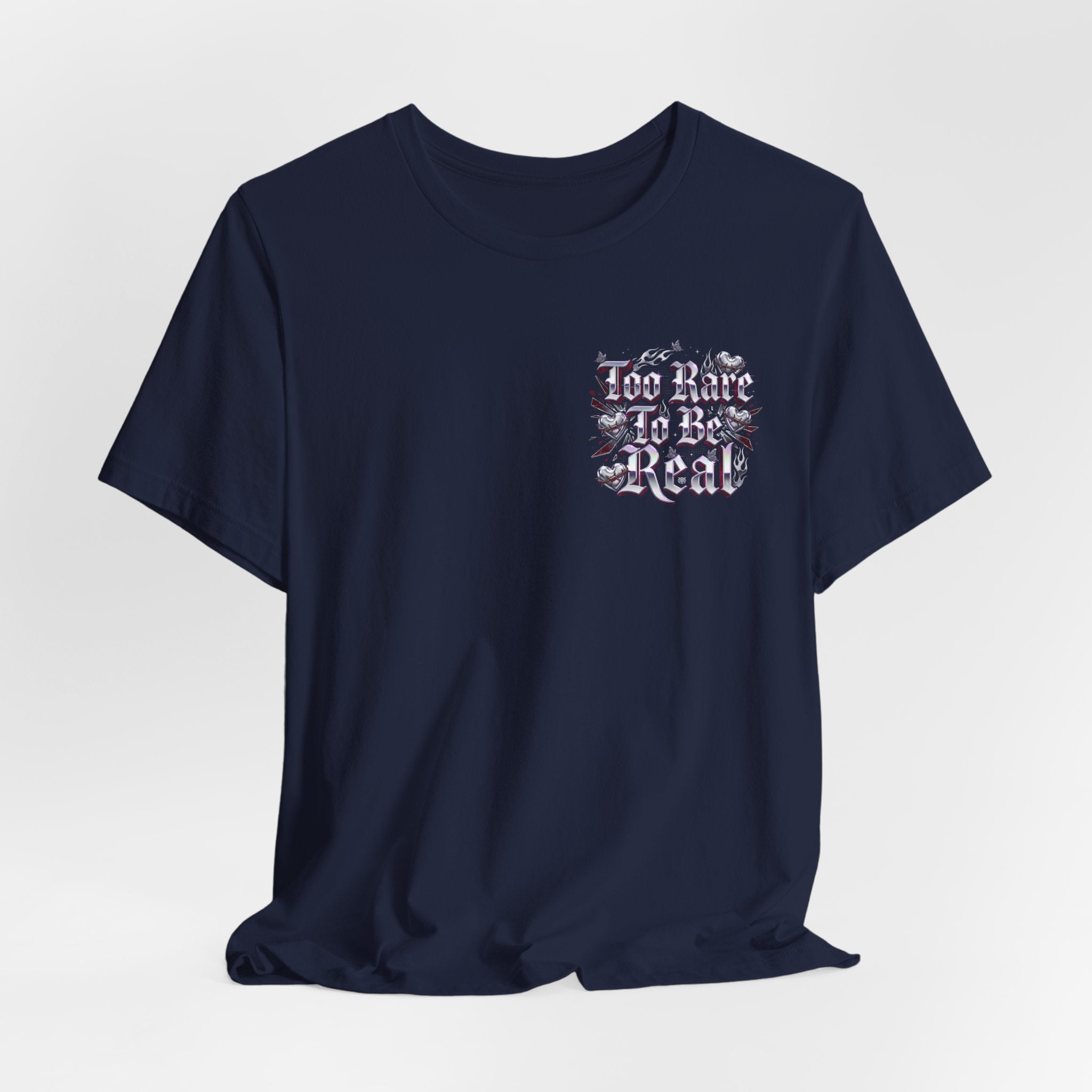 Too Rare To Be Real Tee | Y2K slogan, metallic gothic script, bubblegum accents