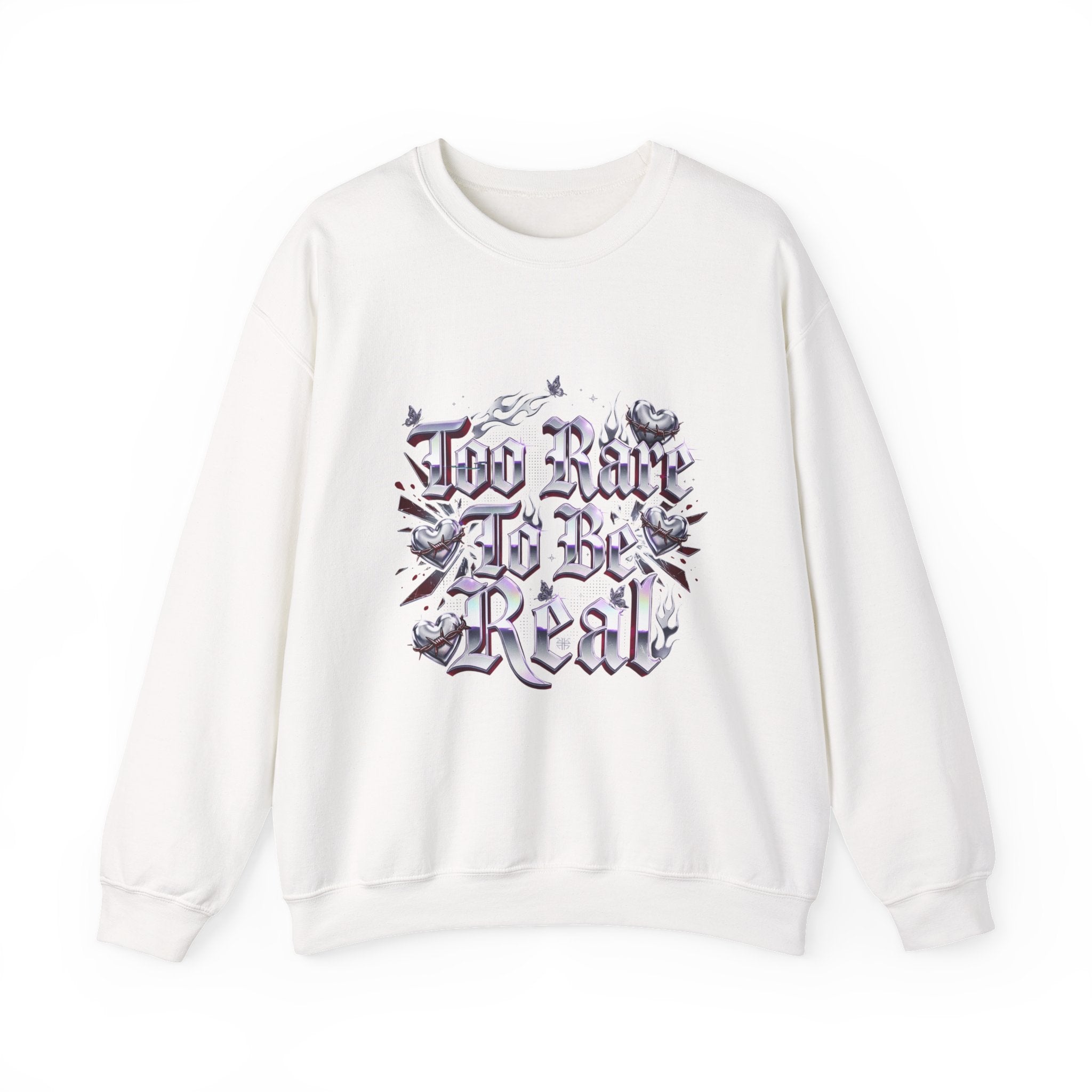 Too Rare To Be Real Sweatshirt | Y2K slogan, rhinestone look, hot pink accents