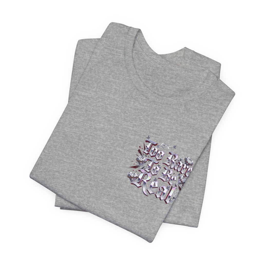 Too Rare To Be Real Tee | Y2K slogan, metallic gothic script, bubblegum accents