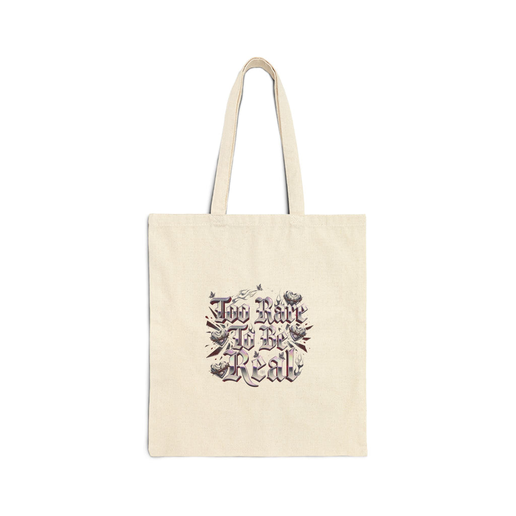 Too Fake To Be Real Tote | Y2K slogan, gothic script, mall nostalgia