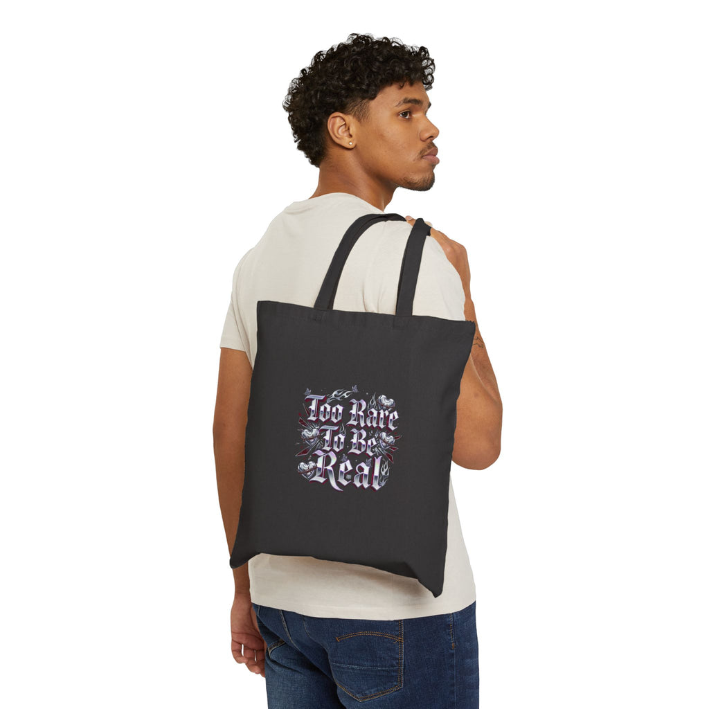 Too Fake To Be Real Tote | Y2K slogan, gothic script, mall nostalgia