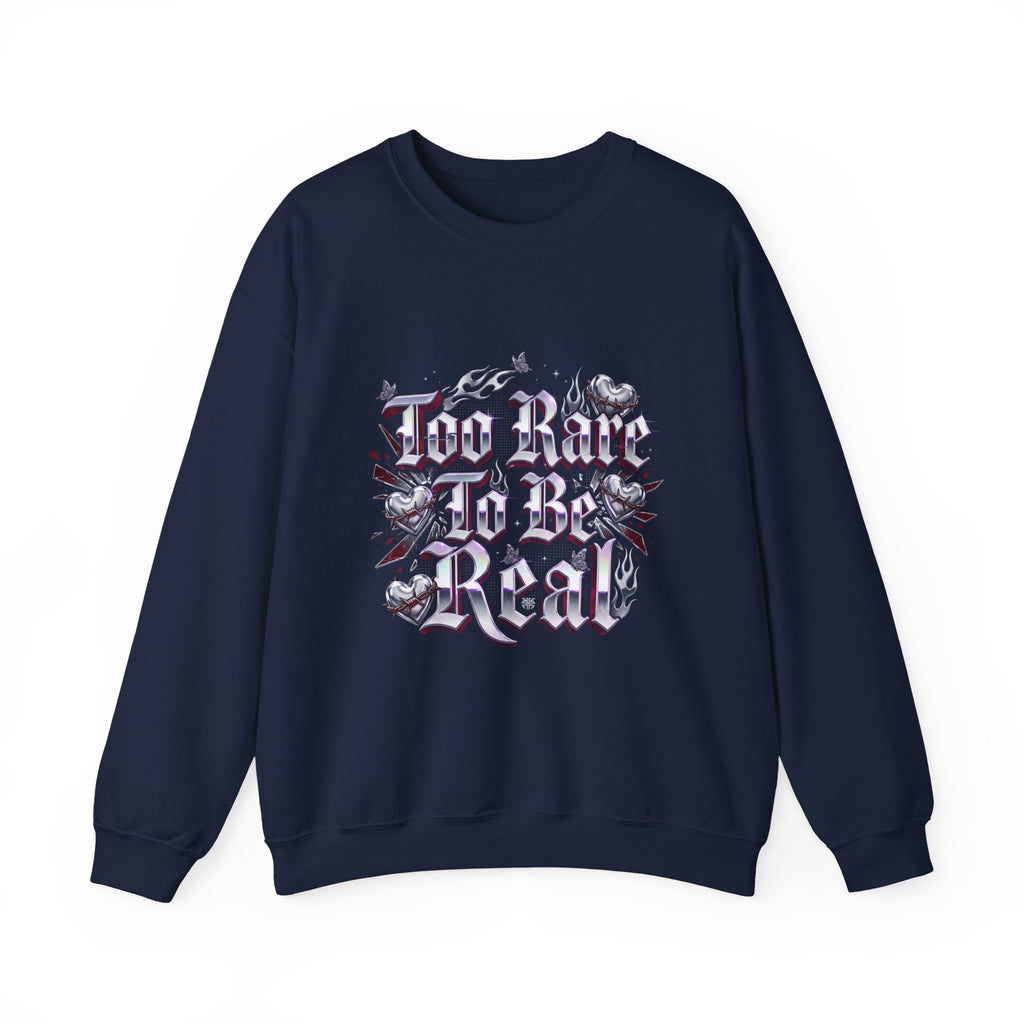 Too Rare To Be Real Sweatshirt | Y2K slogan, rhinestone look, hot pink accents