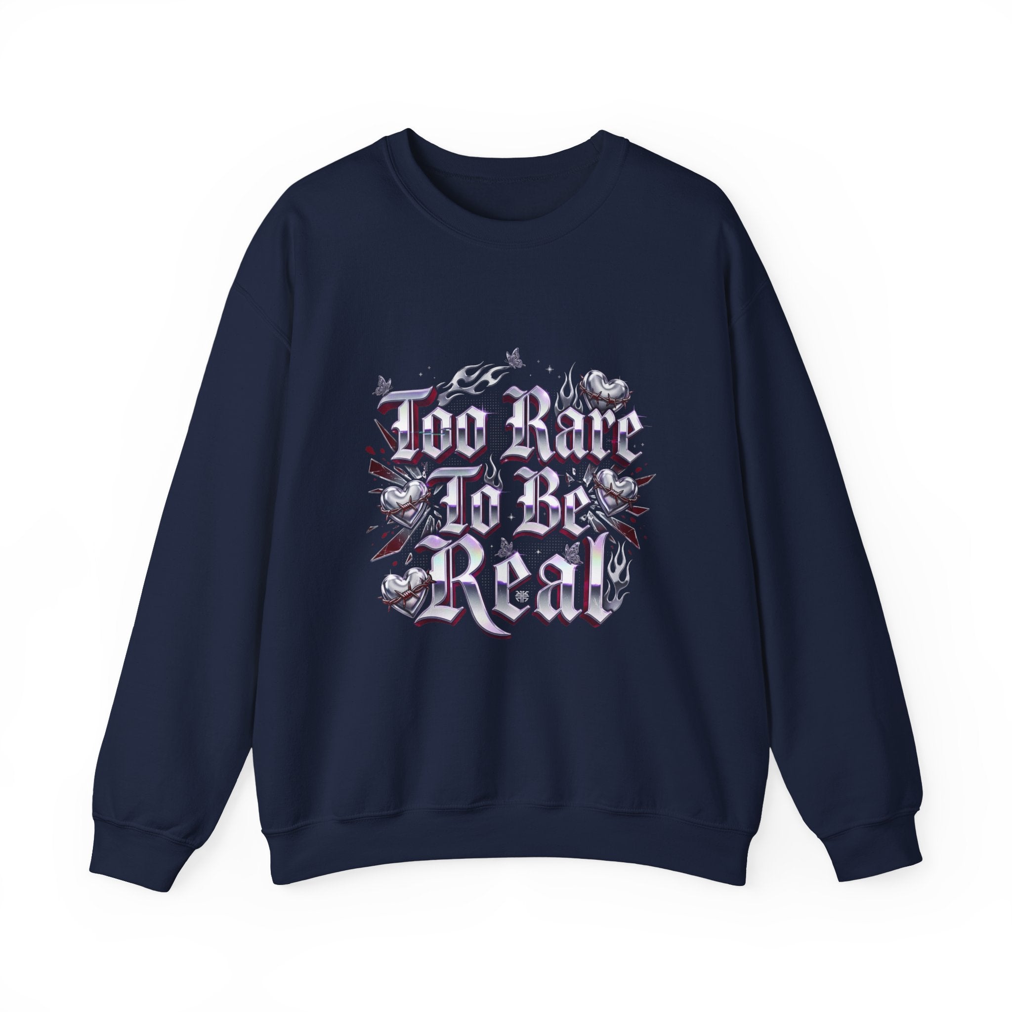 Too Rare To Be Real Sweatshirt | Y2K slogan, rhinestone look, hot pink accents