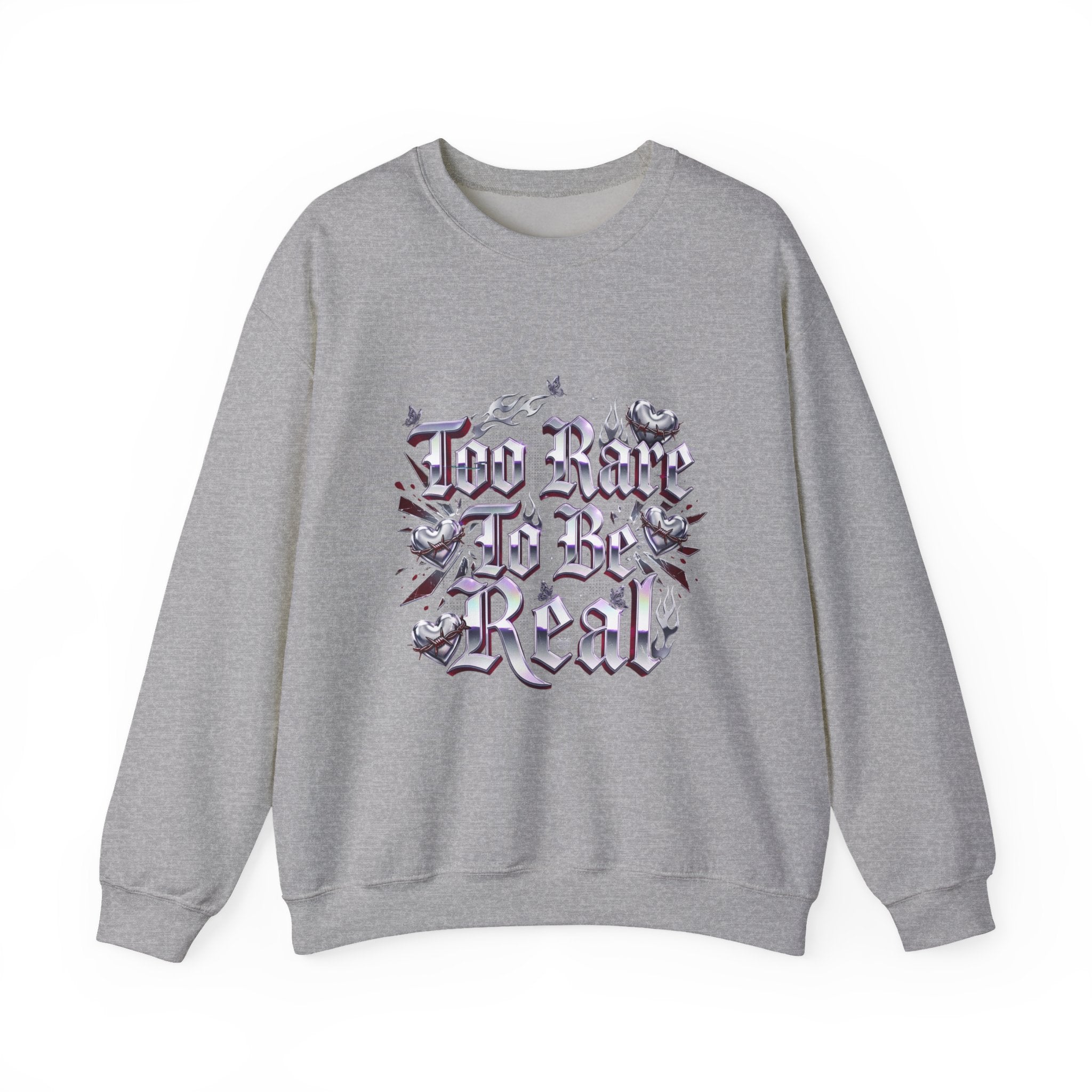 Too Rare To Be Real Sweatshirt | Y2K slogan, rhinestone look, hot pink accents