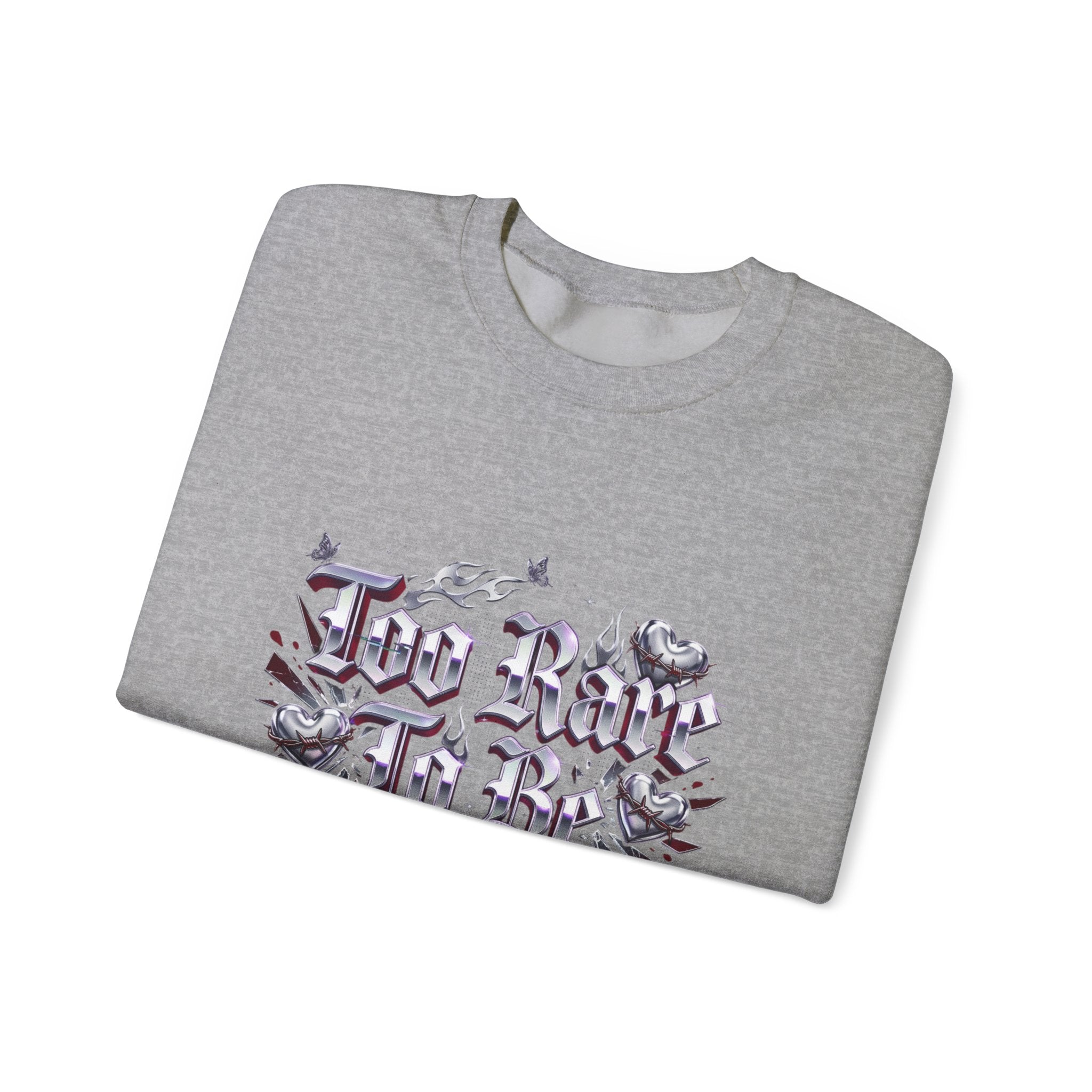 Too Rare To Be Real Sweatshirt | Y2K slogan, rhinestone look, hot pink accents