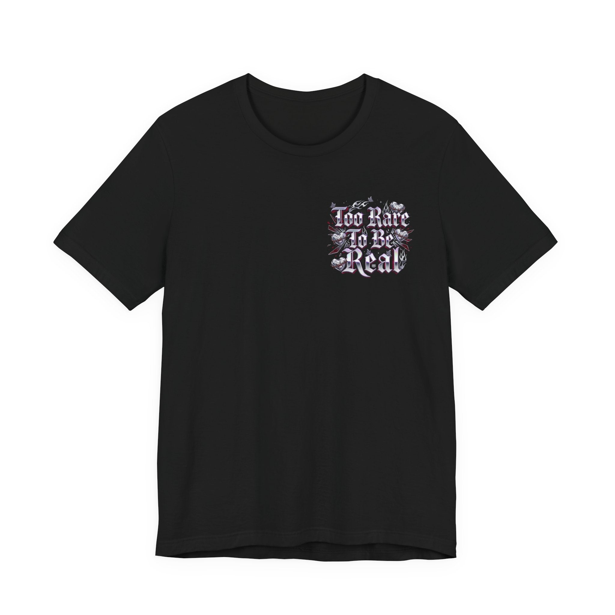 Too Rare To Be Real Tee | Y2K slogan, metallic gothic script, bubblegum accents