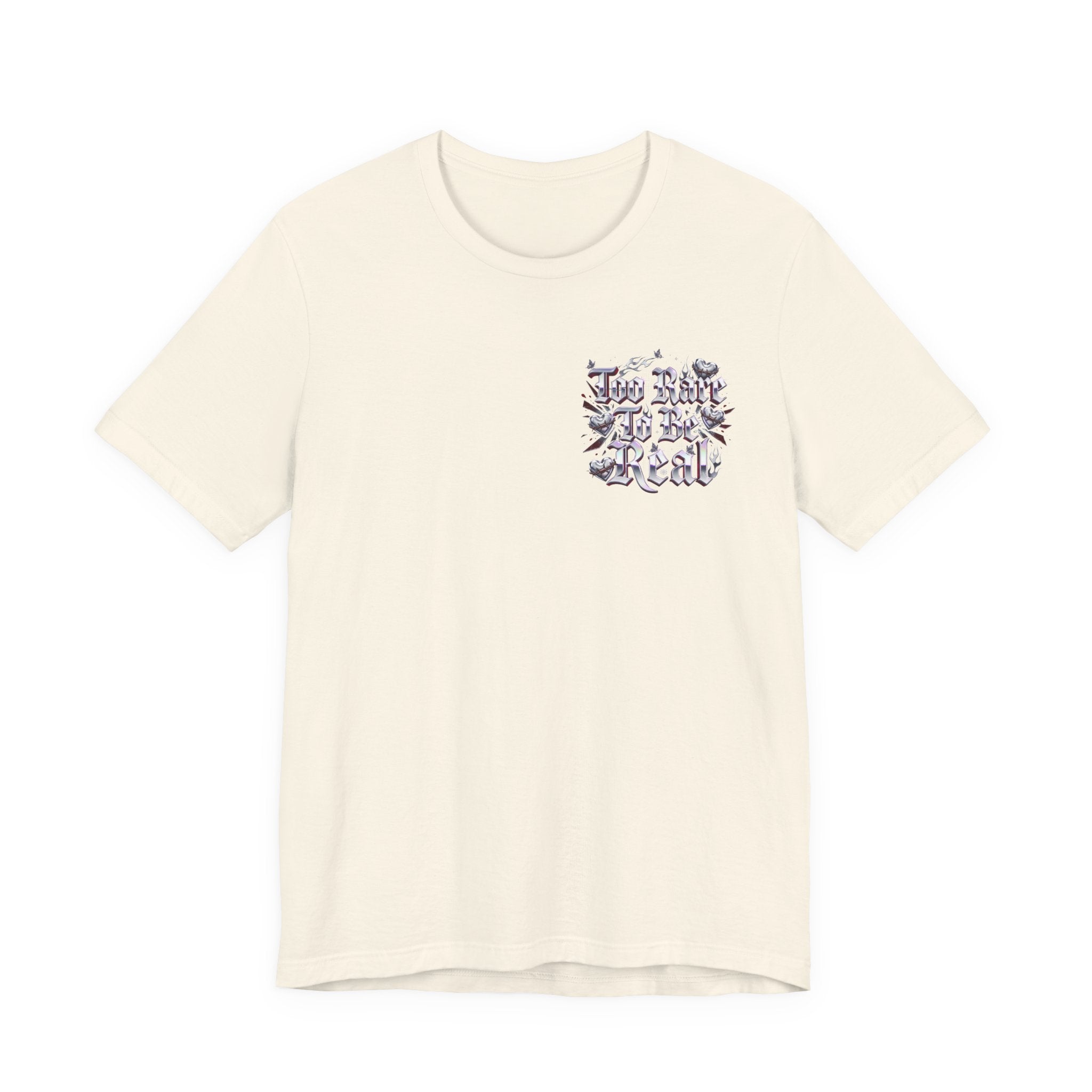 Too Rare To Be Real Tee | Y2K slogan, metallic gothic script, bubblegum accents