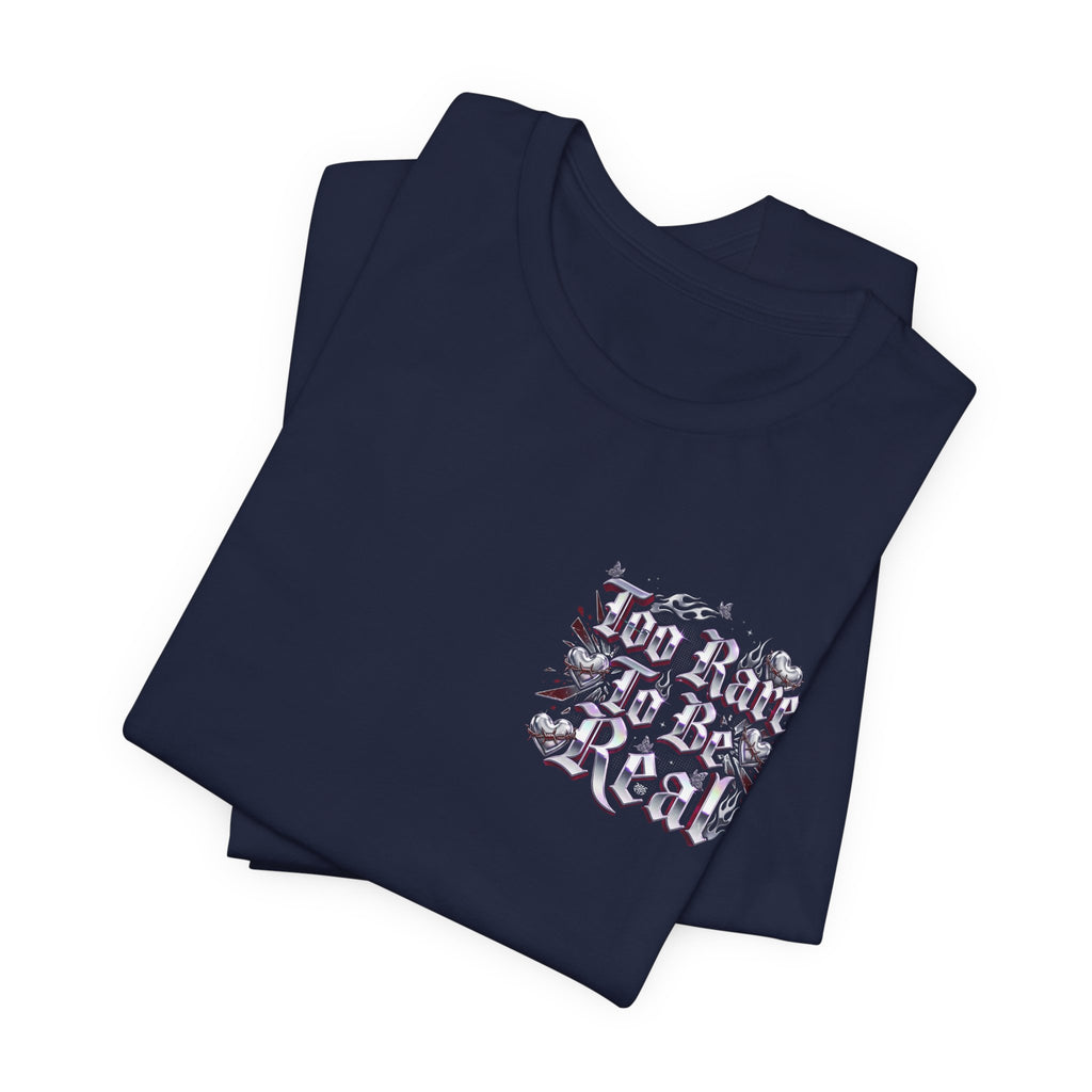 Too Rare To Be Real Tee | Y2K slogan, metallic gothic script, bubblegum accents