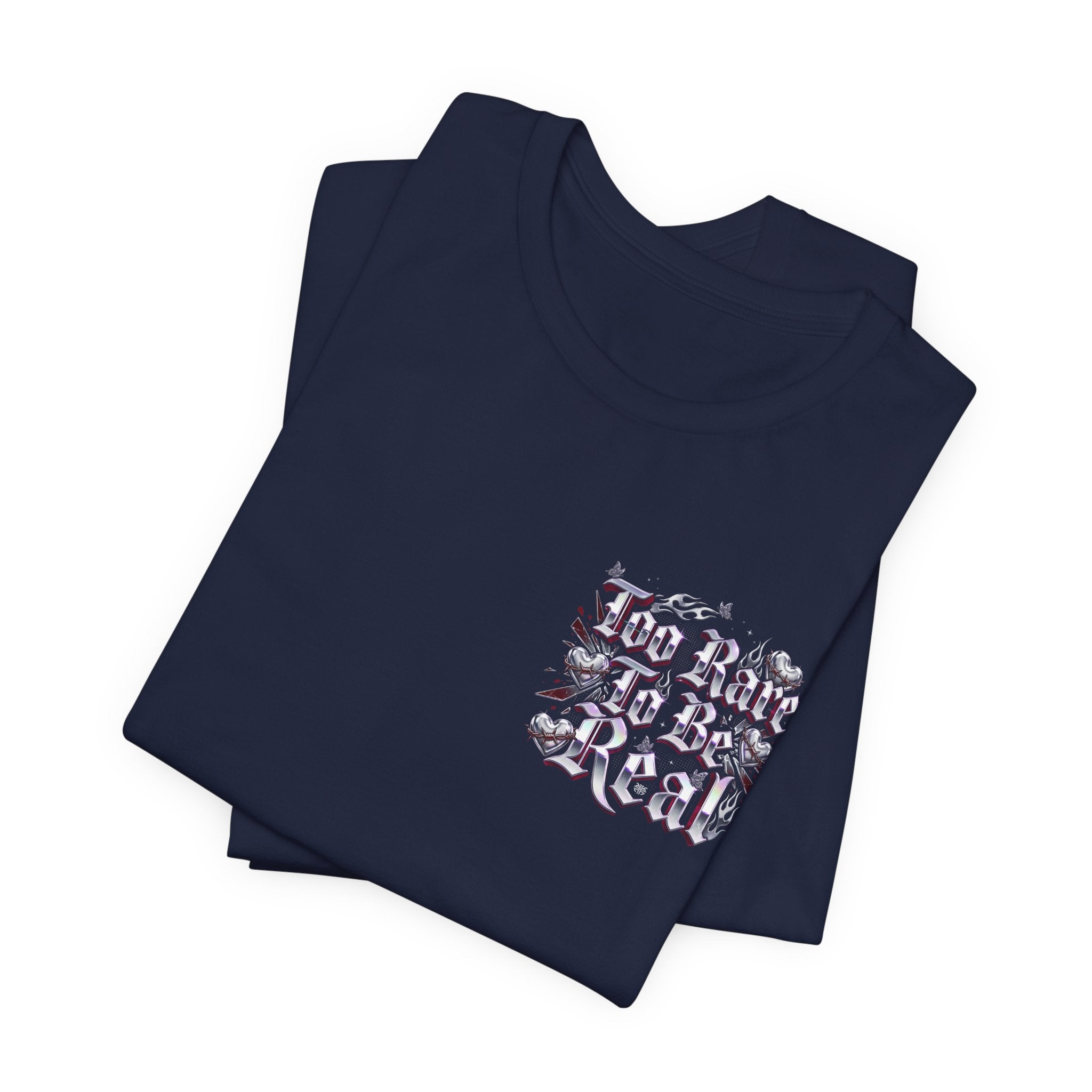 Too Rare To Be Real Tee | Y2K slogan, metallic gothic script, bubblegum accents