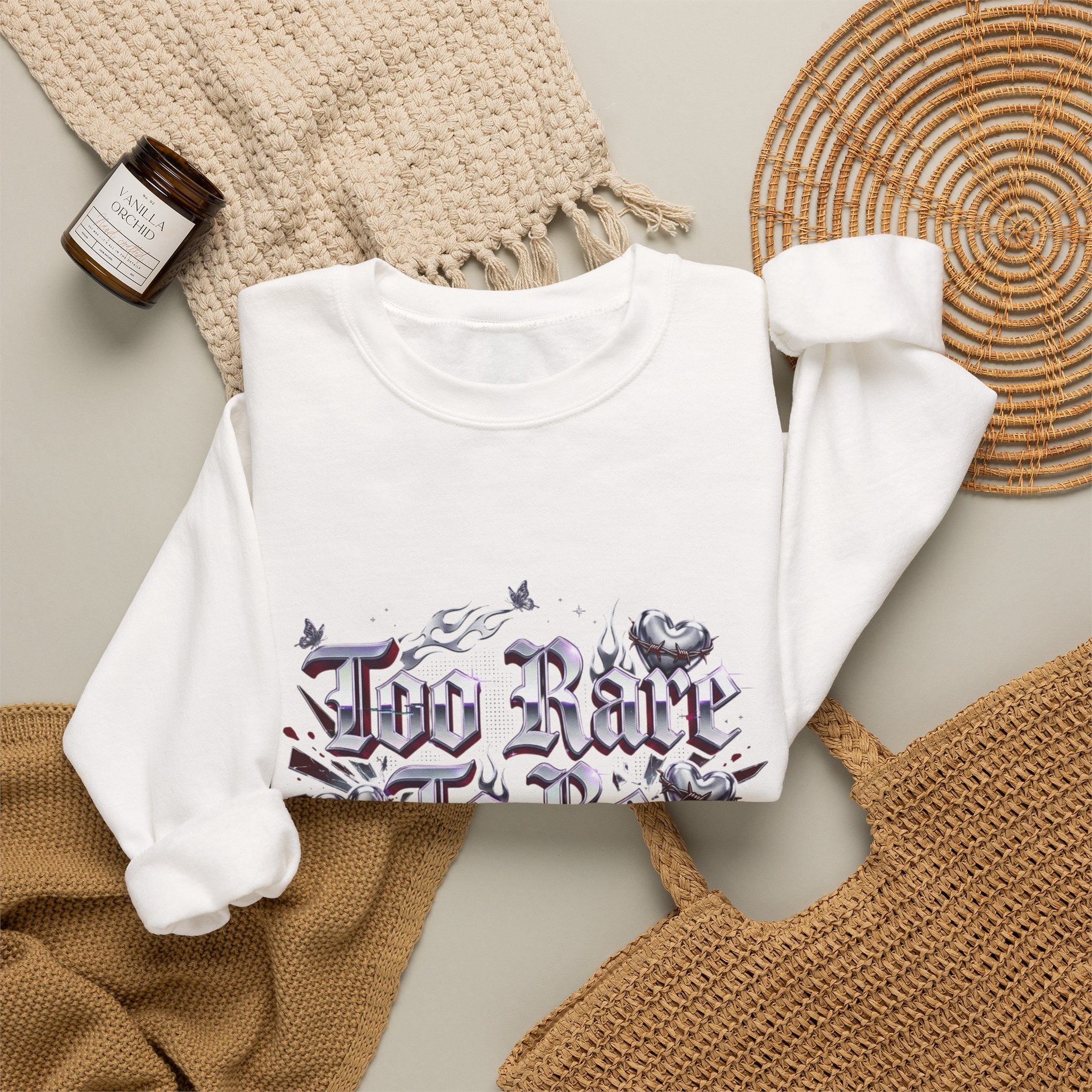 Too Rare To Be Real Sweatshirt | Y2K slogan, rhinestone look, hot pink accents