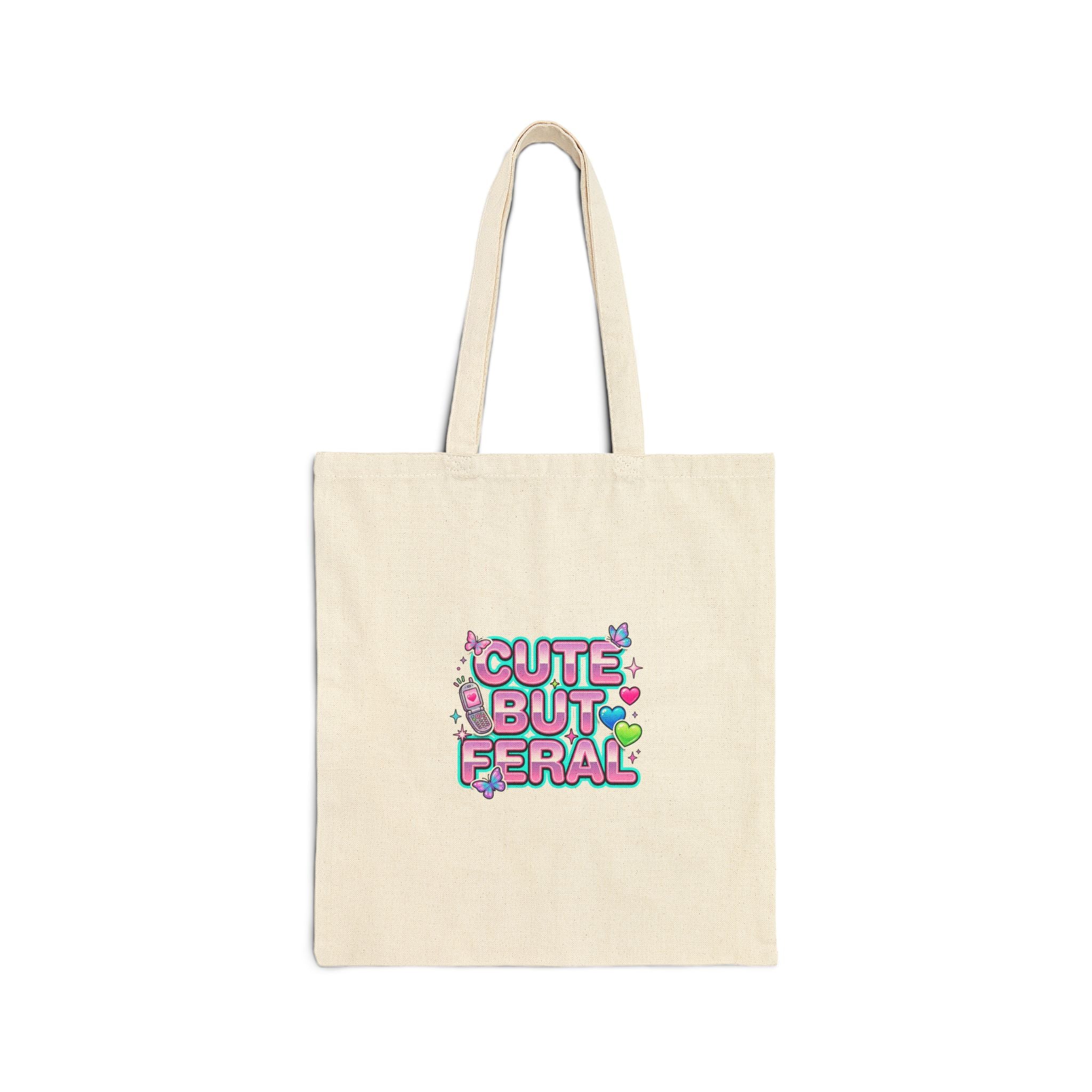 Cute But Feral Tote | Y2K slogan, hot pink bubble font, cyber glitter accents