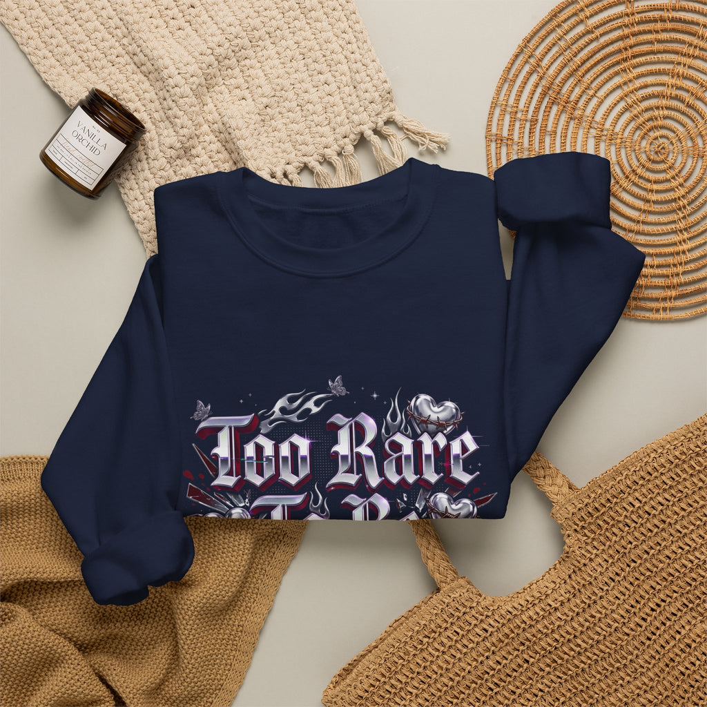 Too Rare To Be Real Sweatshirt | Y2K slogan, rhinestone look, hot pink accents