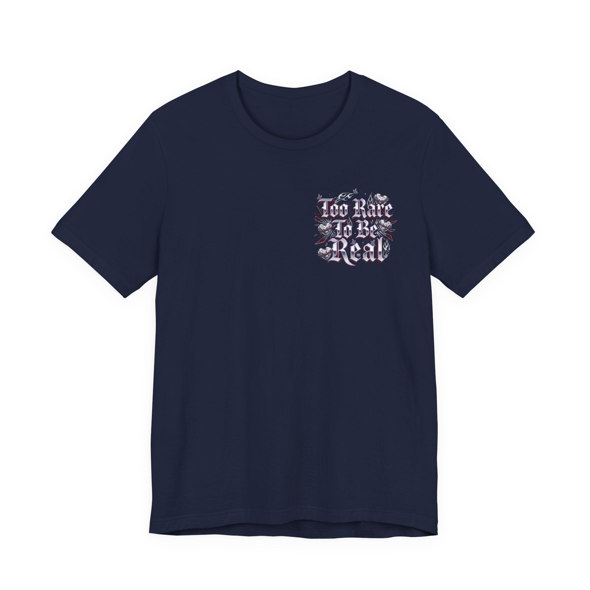 Too Rare To Be Real Tee | Y2K slogan, metallic gothic script, bubblegum accents