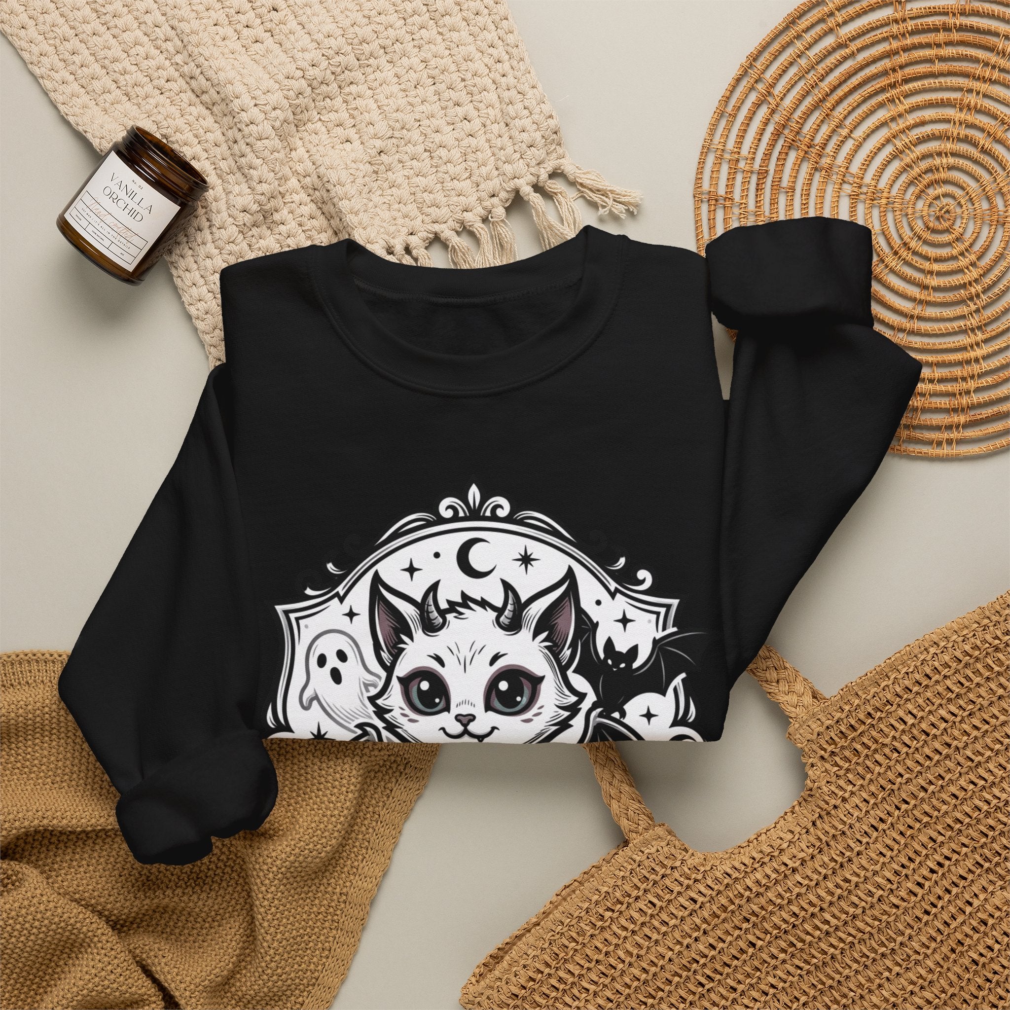 Spooky Cat Bat Crew Neck Sweatshirt