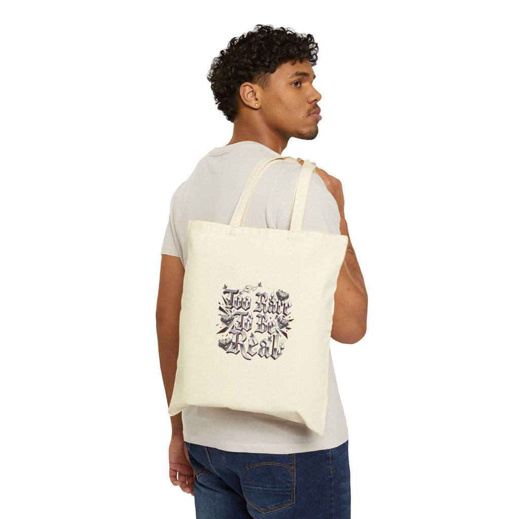 Too Fake To Be Real Tote | Y2K slogan, gothic script, mall nostalgia
