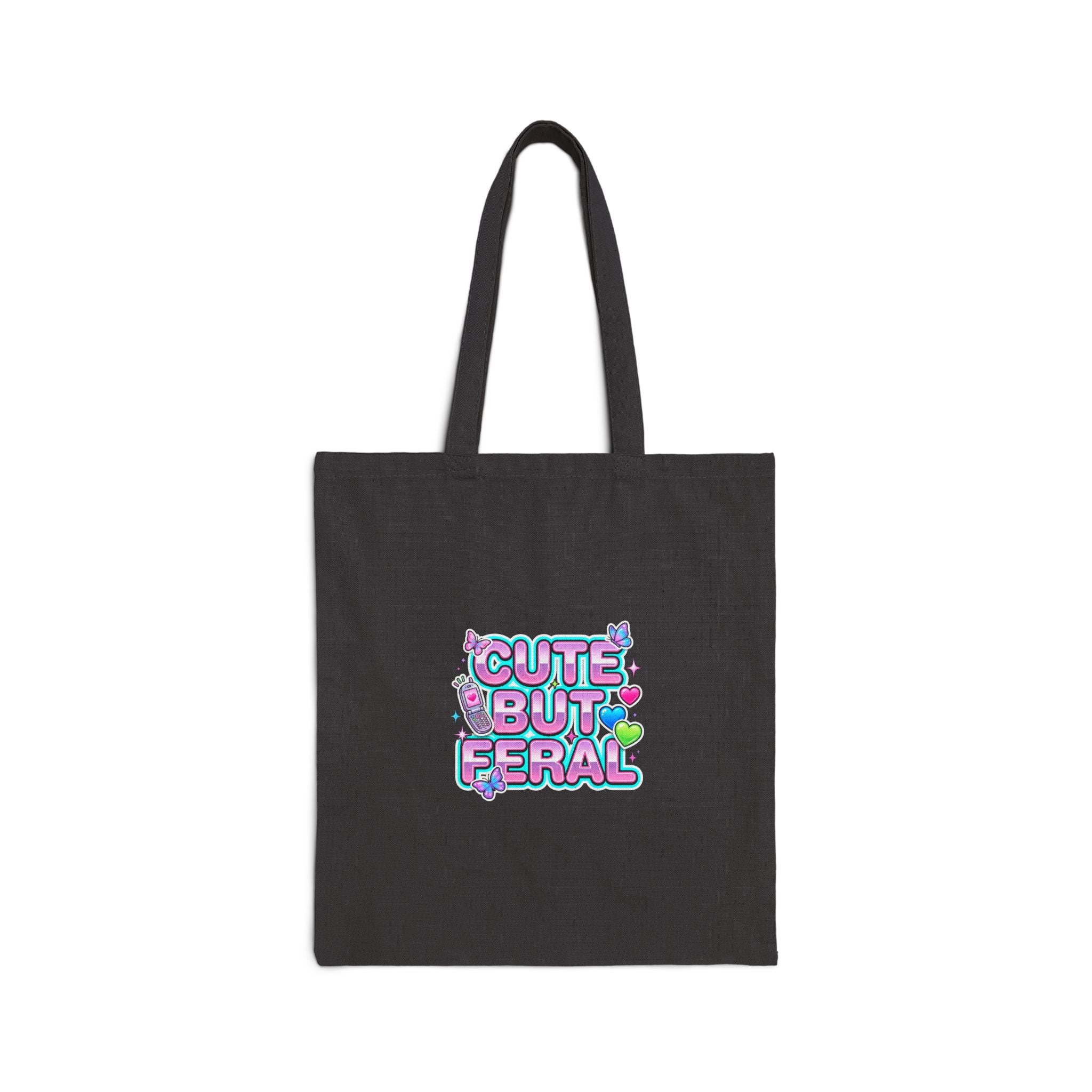 Cute But Feral Tote | Y2K slogan, hot pink bubble font, cyber glitter accents