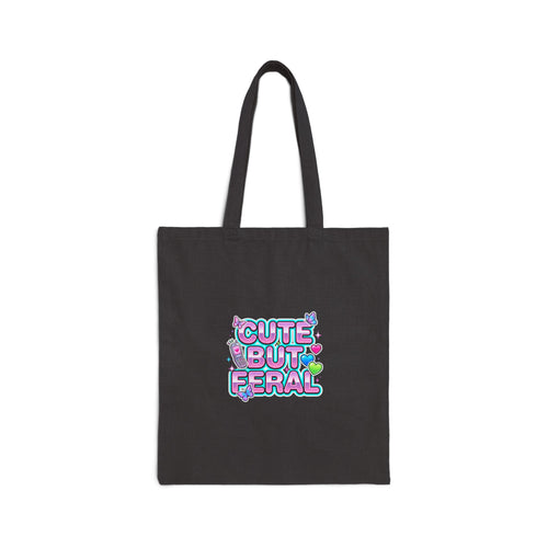 Cute But Feral Tote | Y2K slogan, hot pink bubble font, cyber glitter accents