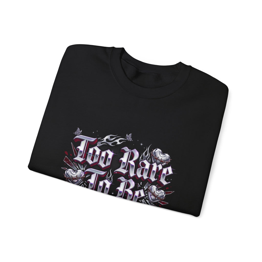 Too Rare To Be Real Sweatshirt | Y2K slogan, rhinestone look, hot pink accents