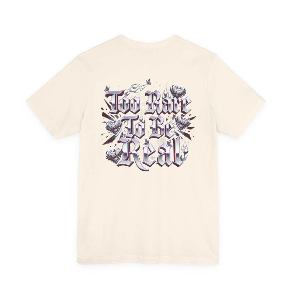 Too Rare To Be Real Tee | Y2K slogan, metallic gothic script, bubblegum accents