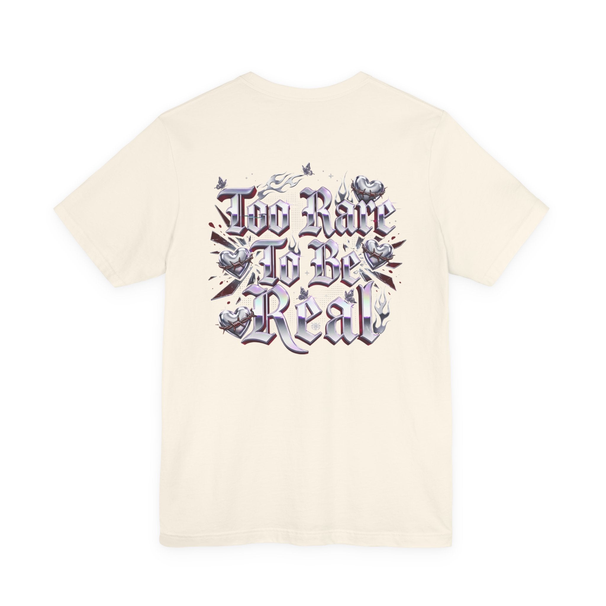 Too Rare To Be Real Tee | Y2K slogan, metallic gothic script, bubblegum accents