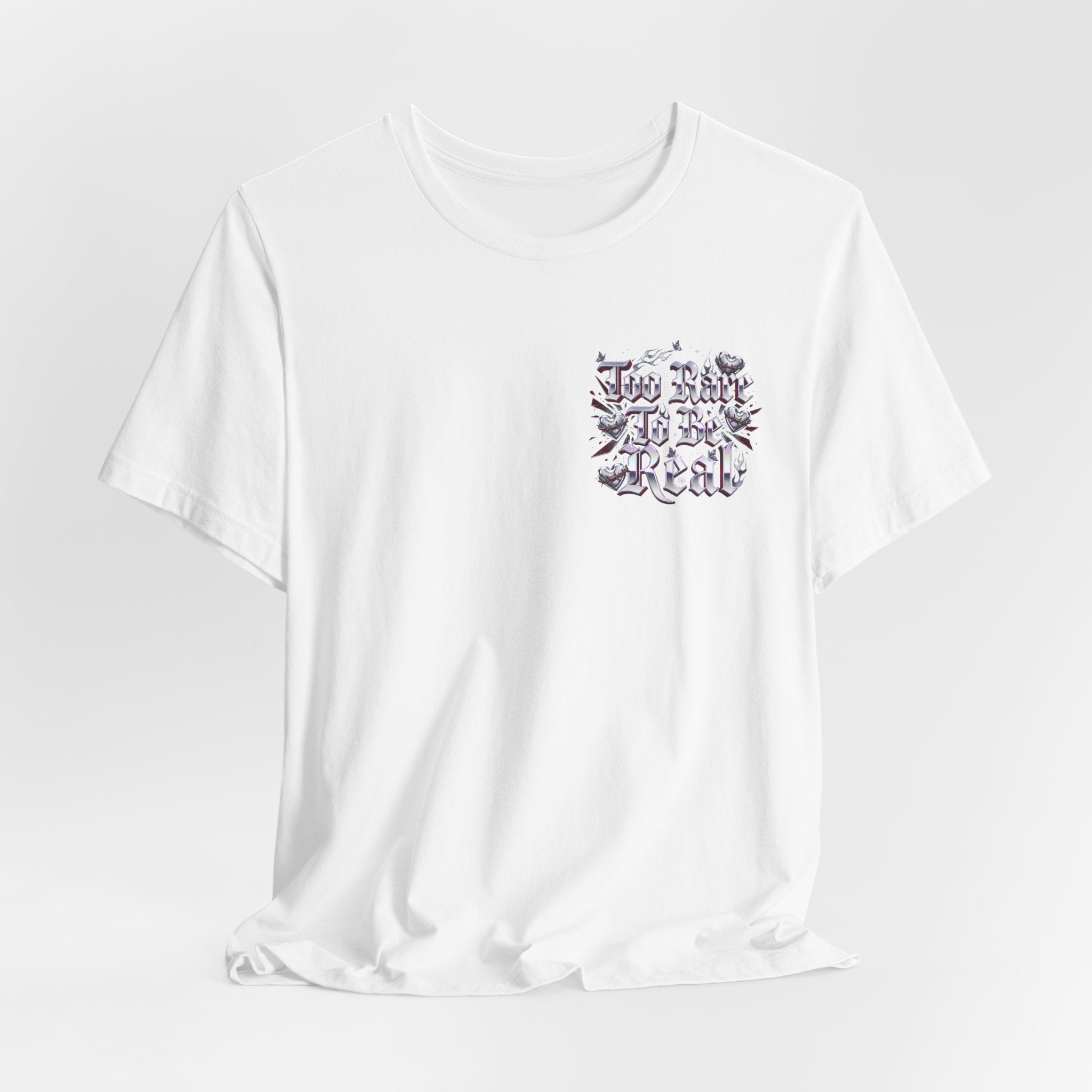 Too Rare To Be Real Tee | Y2K slogan, metallic gothic script, bubblegum accents