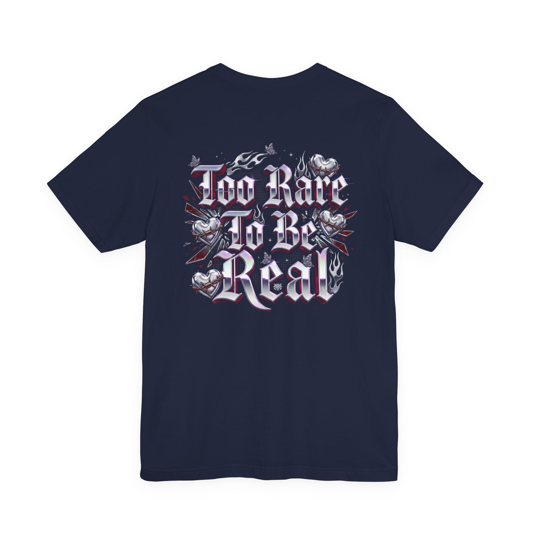 Too Rare To Be Real Tee | Y2K slogan, metallic gothic script, bubblegum accents