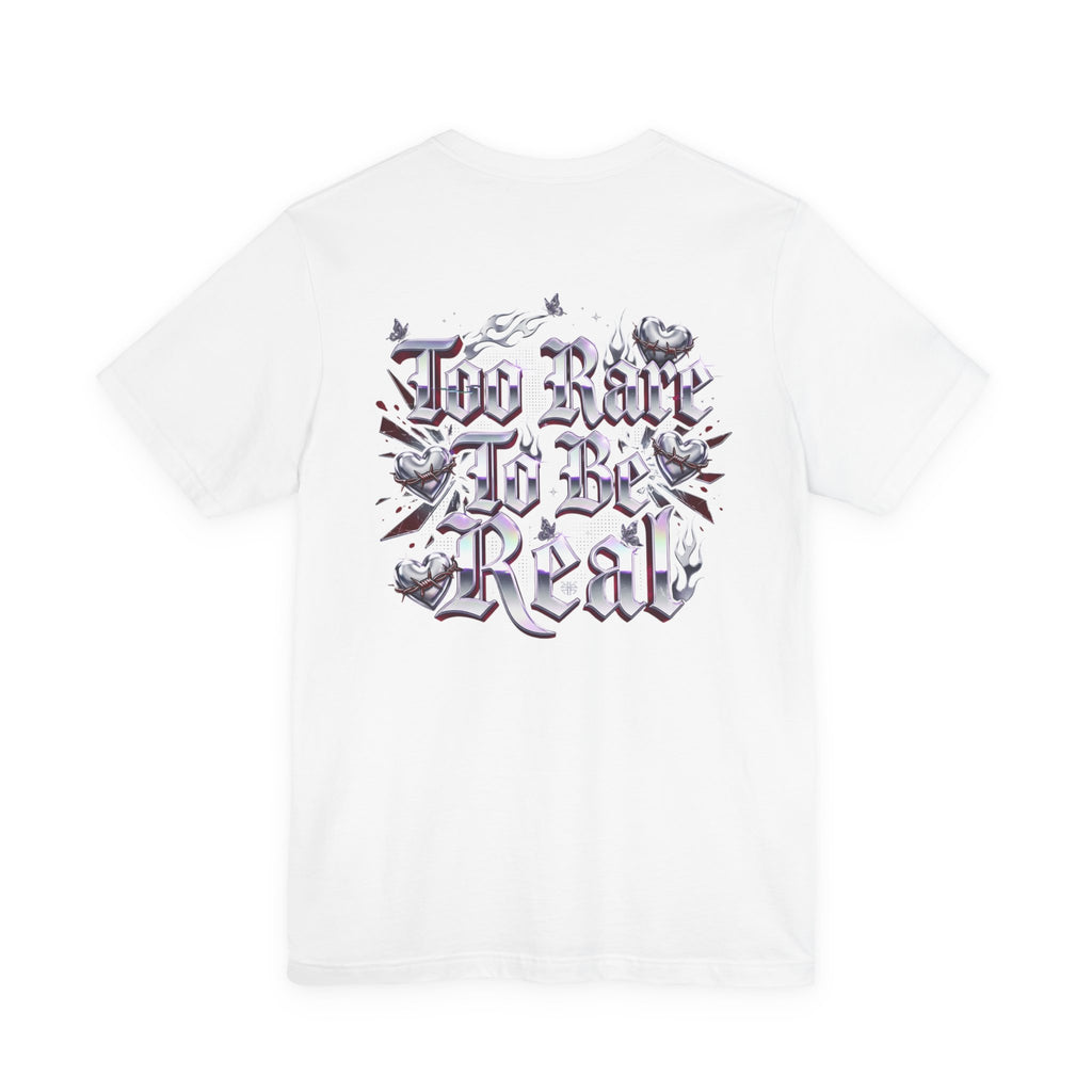 Too Rare To Be Real Tee | Y2K slogan, metallic gothic script, bubblegum accents