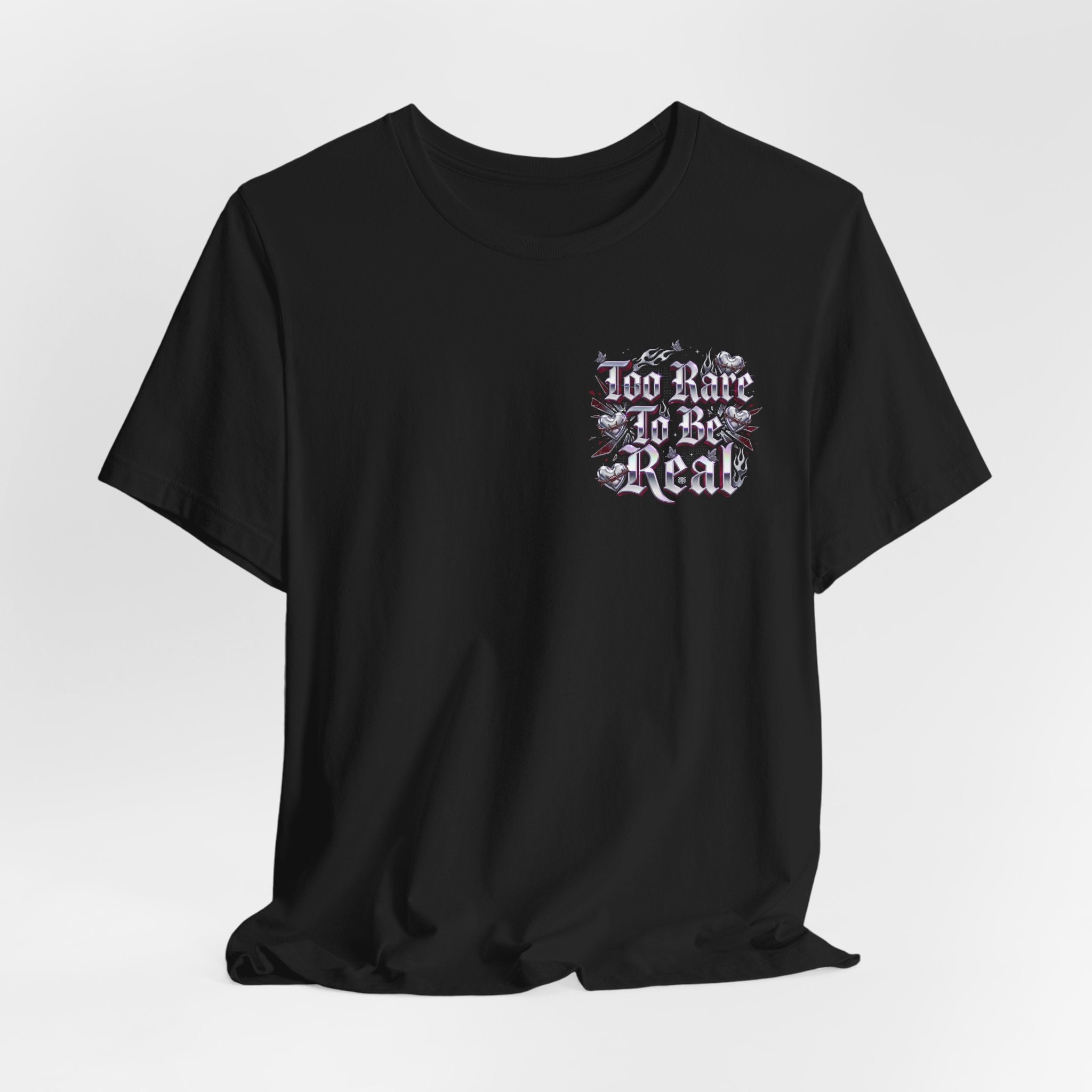 Too Rare To Be Real Tee | Y2K slogan, metallic gothic script, bubblegum accents