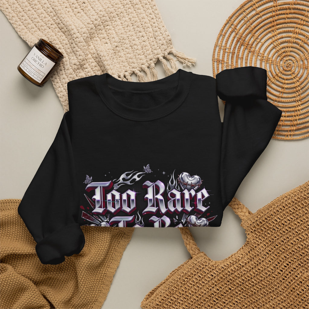 Too Rare To Be Real Sweatshirt | Y2K slogan, rhinestone look, hot pink accents