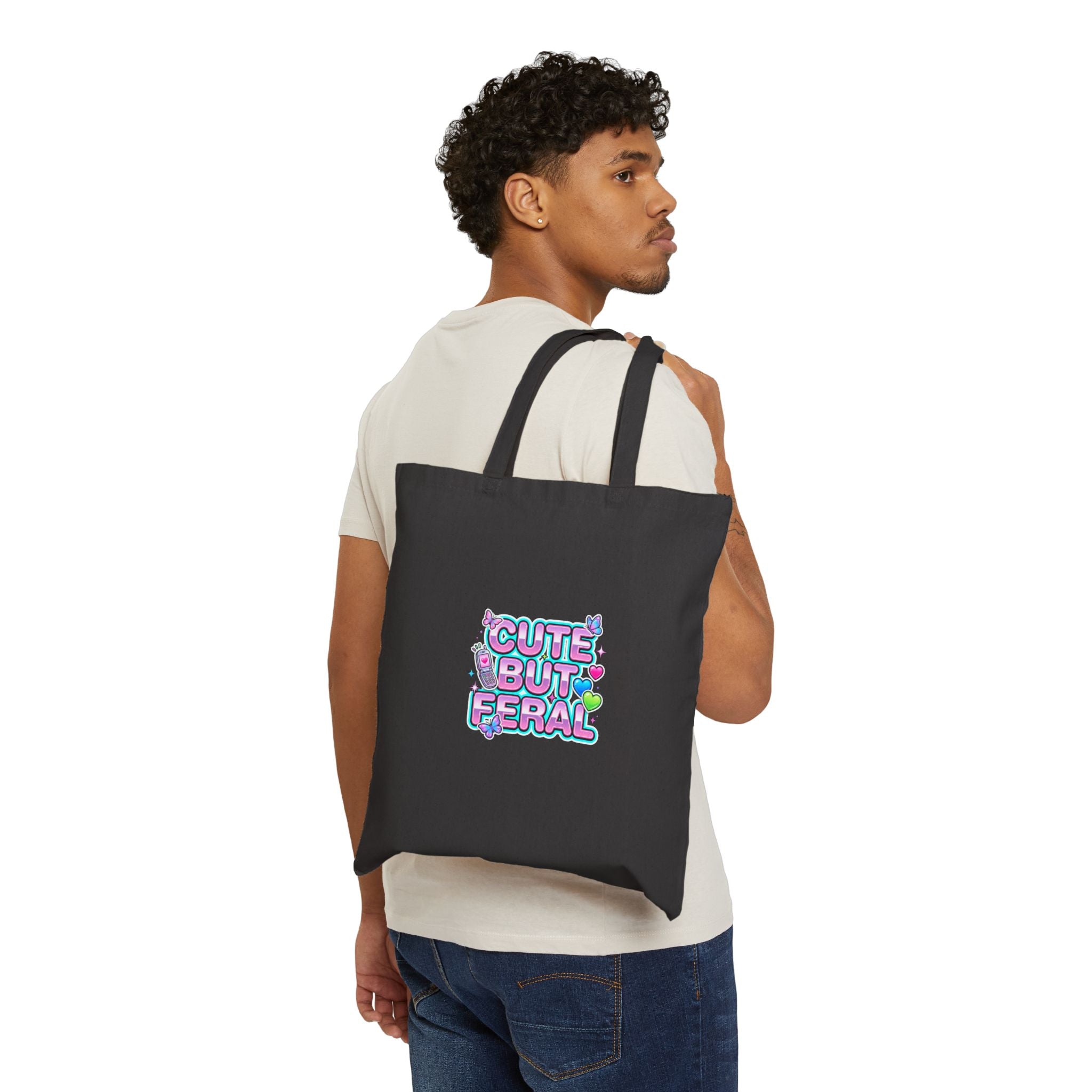 Cute But Feral Tote | Y2K slogan, hot pink bubble font, cyber glitter accents