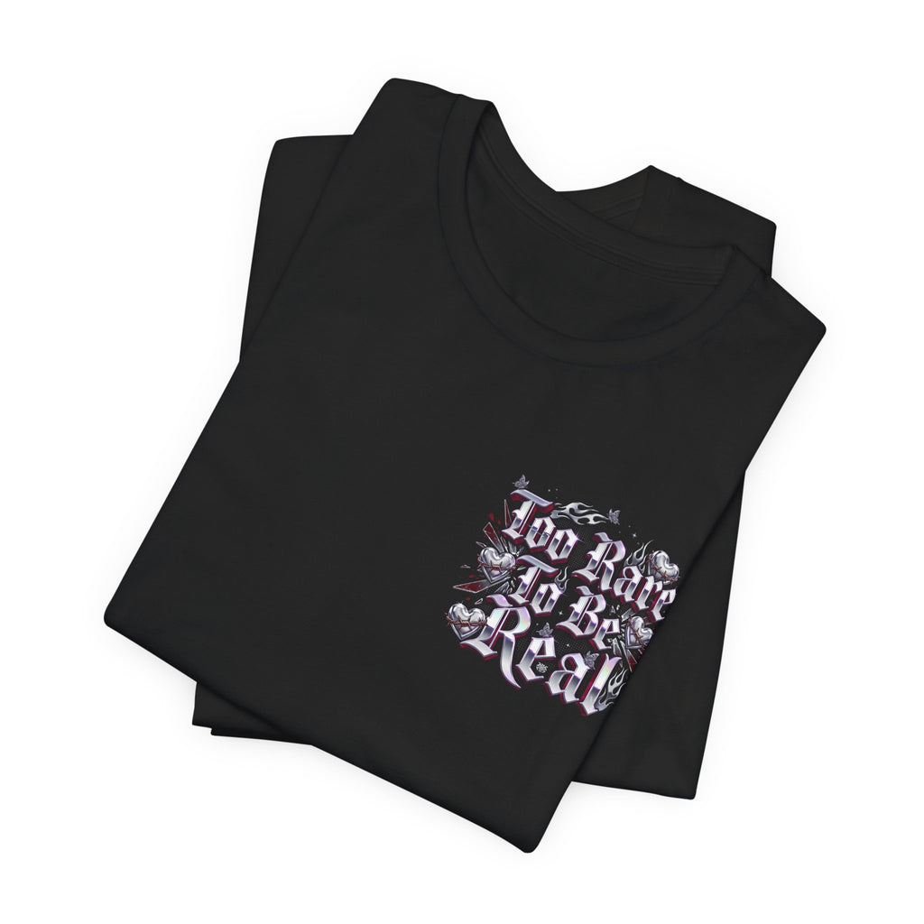 Too Rare To Be Real Tee | Y2K slogan, metallic gothic script, bubblegum accents