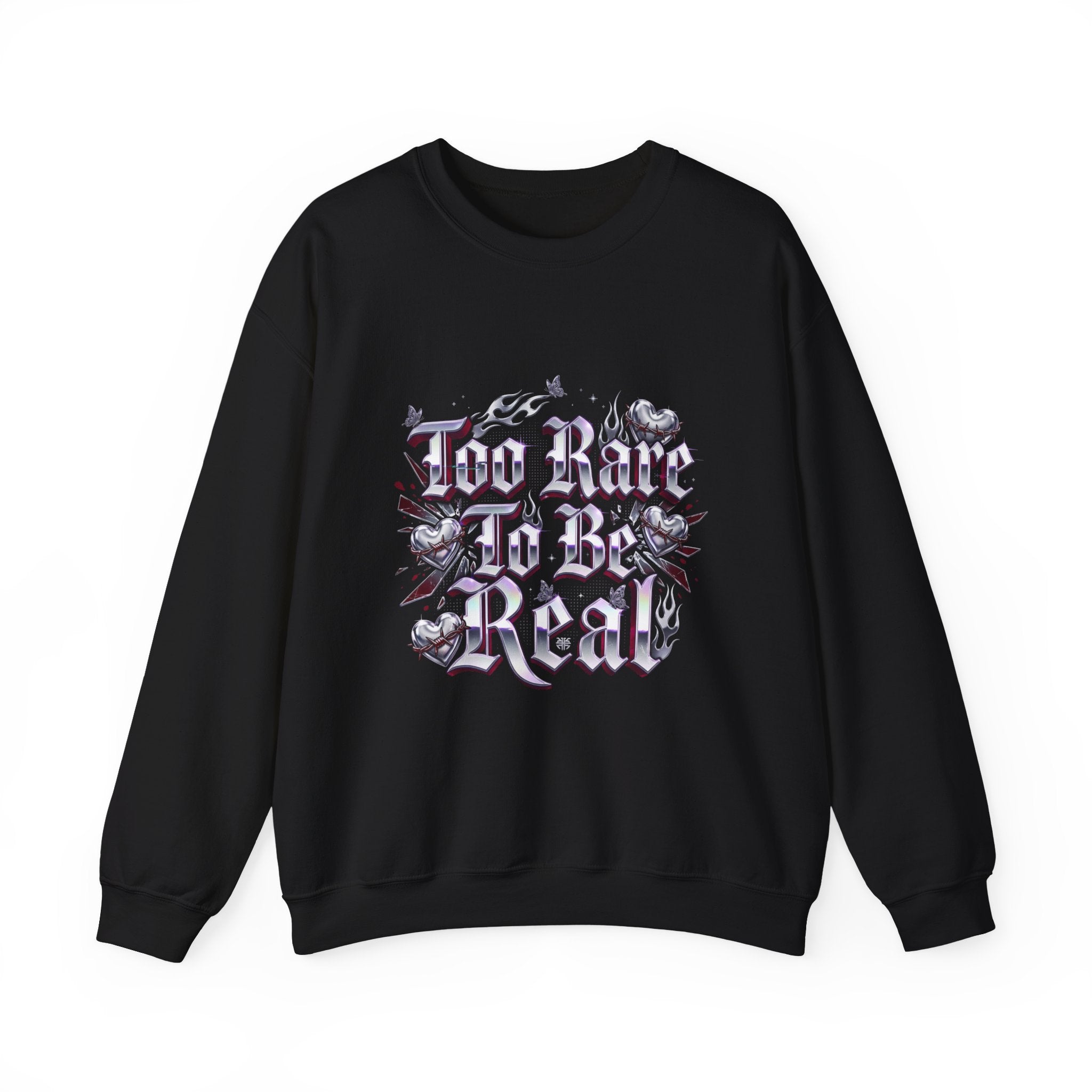 Too Rare To Be Real Sweatshirt | Y2K slogan, rhinestone look, hot pink accents