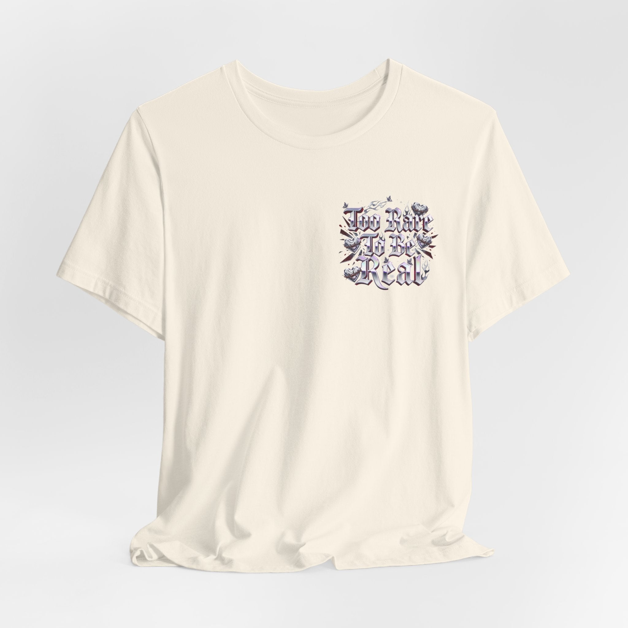 Too Rare To Be Real Tee | Y2K slogan, metallic gothic script, bubblegum accents