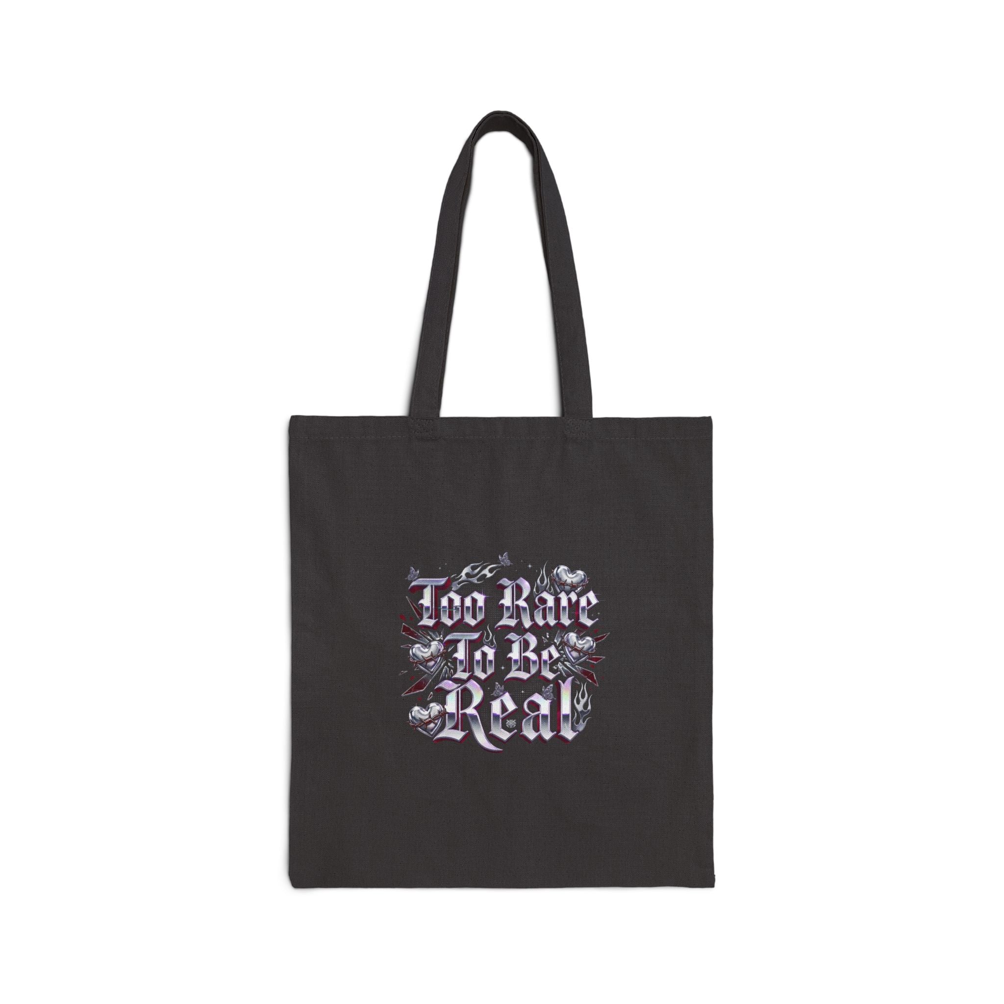 Too Fake To Be Real Tote | Y2K slogan, gothic script, mall nostalgia