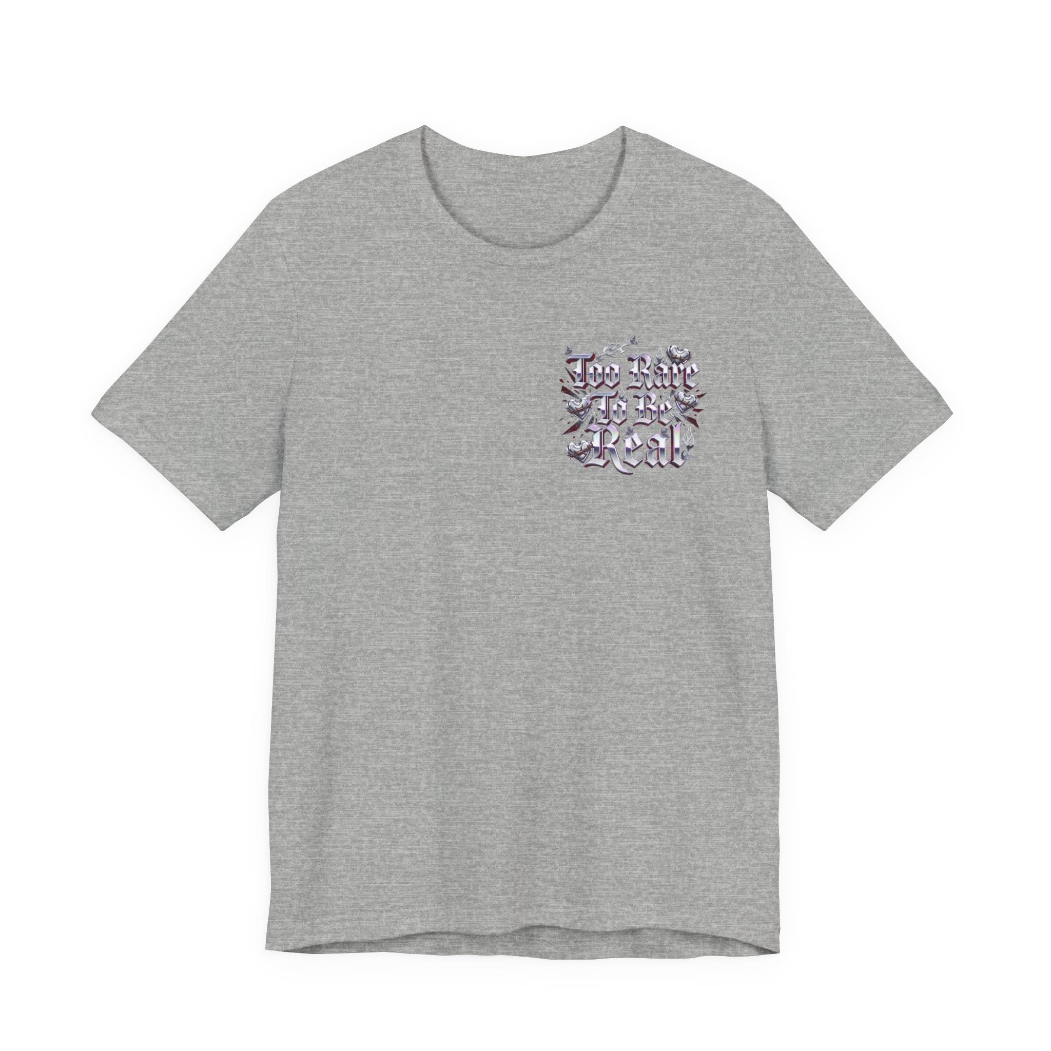Too Rare To Be Real Tee | Y2K slogan, metallic gothic script, bubblegum accents