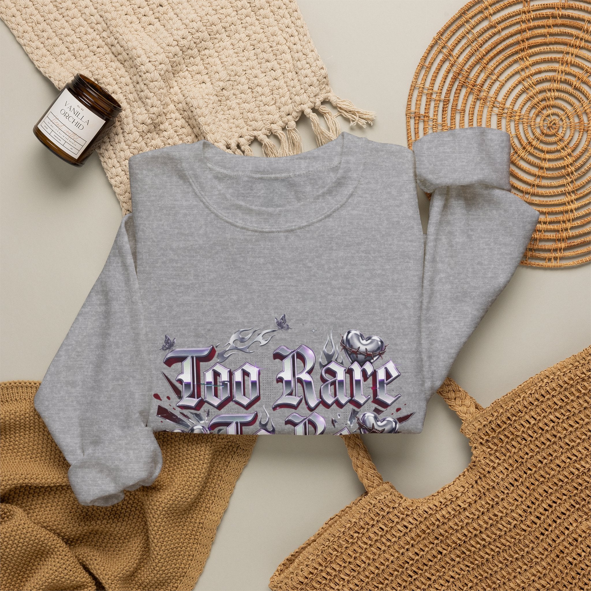 Too Rare To Be Real Sweatshirt | Y2K slogan, rhinestone look, hot pink accents
