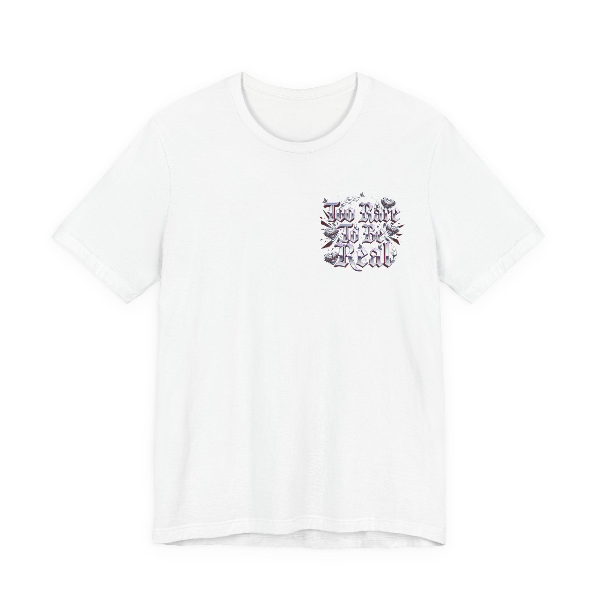 Too Rare To Be Real Tee | Y2K slogan, metallic gothic script, bubblegum accents