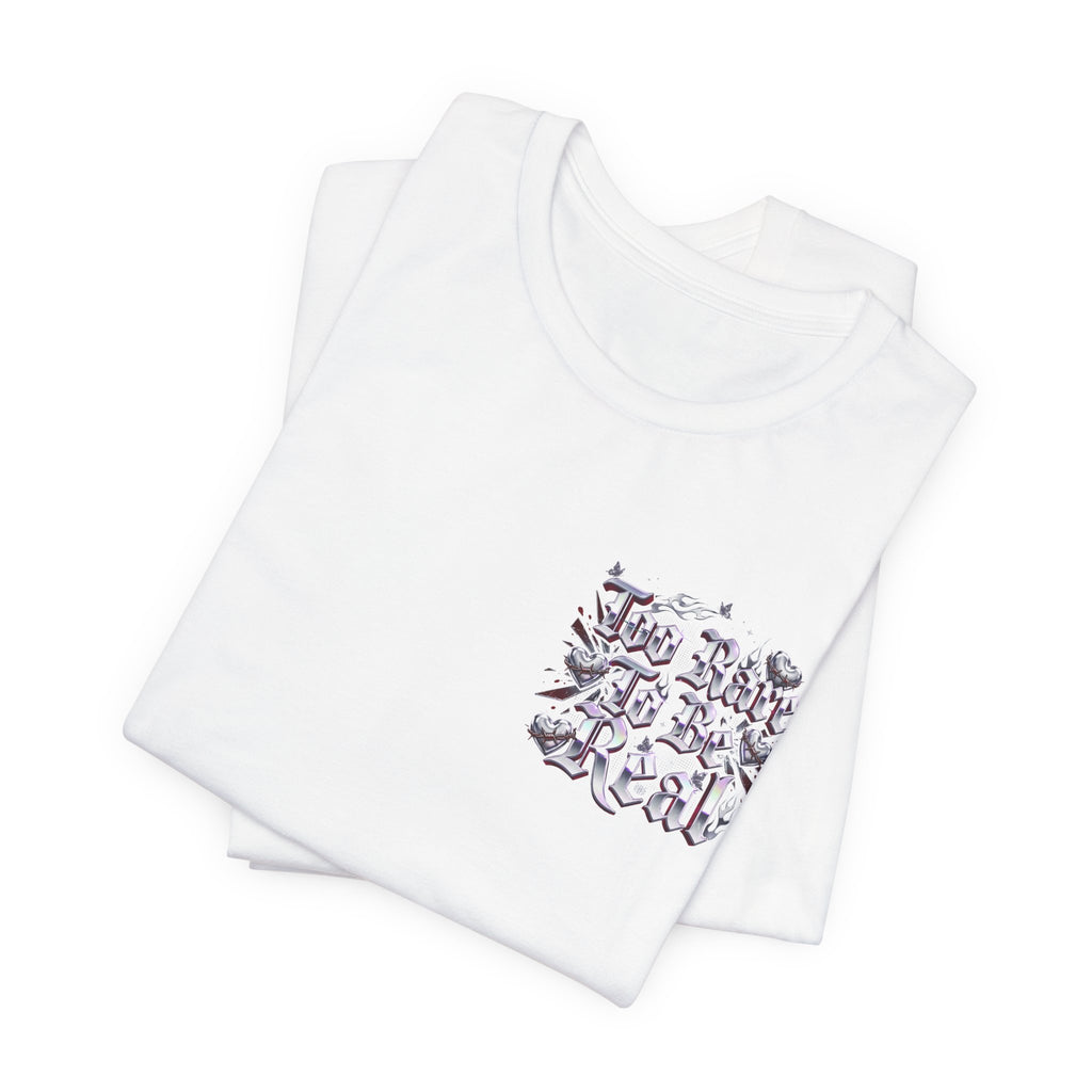 Too Rare To Be Real Tee | Y2K slogan, metallic gothic script, bubblegum accents