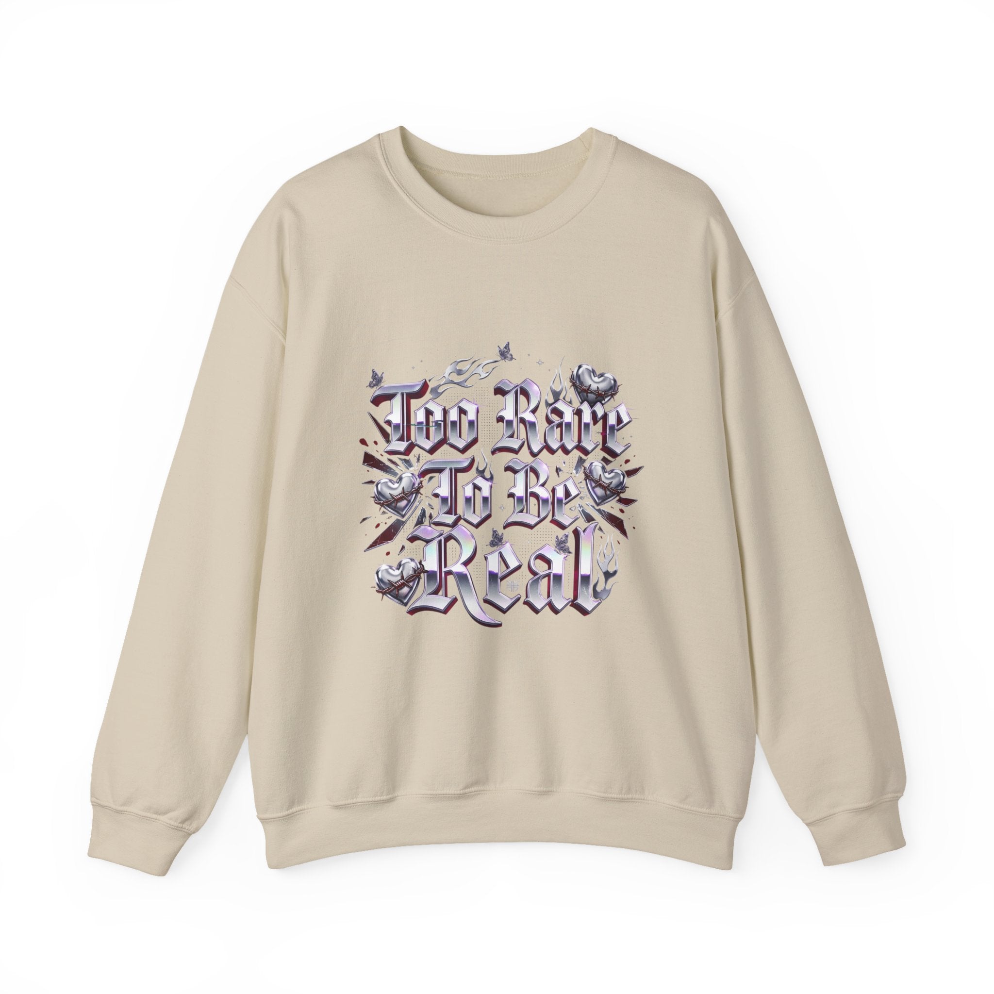 Too Rare To Be Real Sweatshirt | Y2K slogan, rhinestone look, hot pink accents