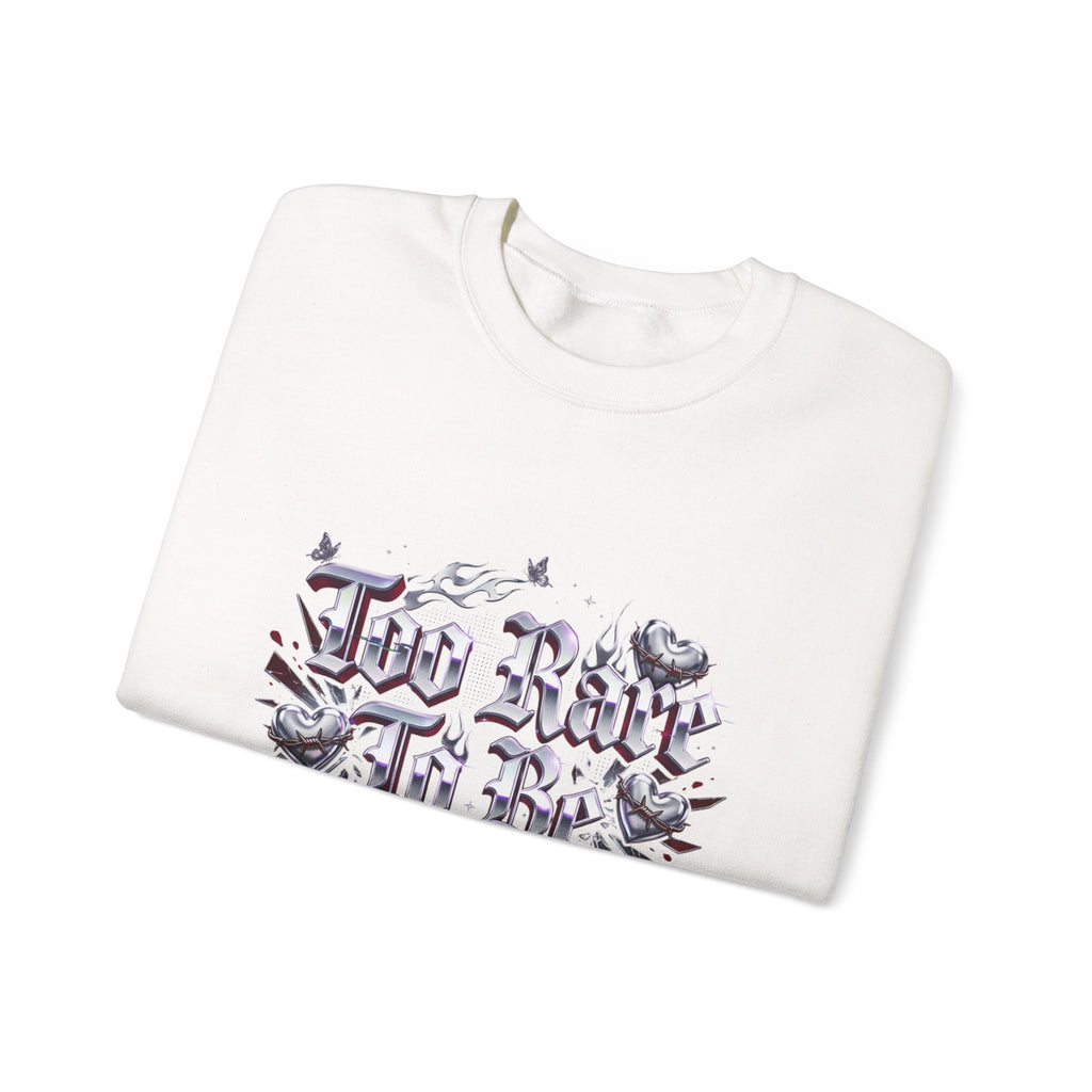 Too Rare To Be Real Sweatshirt | Y2K slogan, rhinestone look, hot pink accents