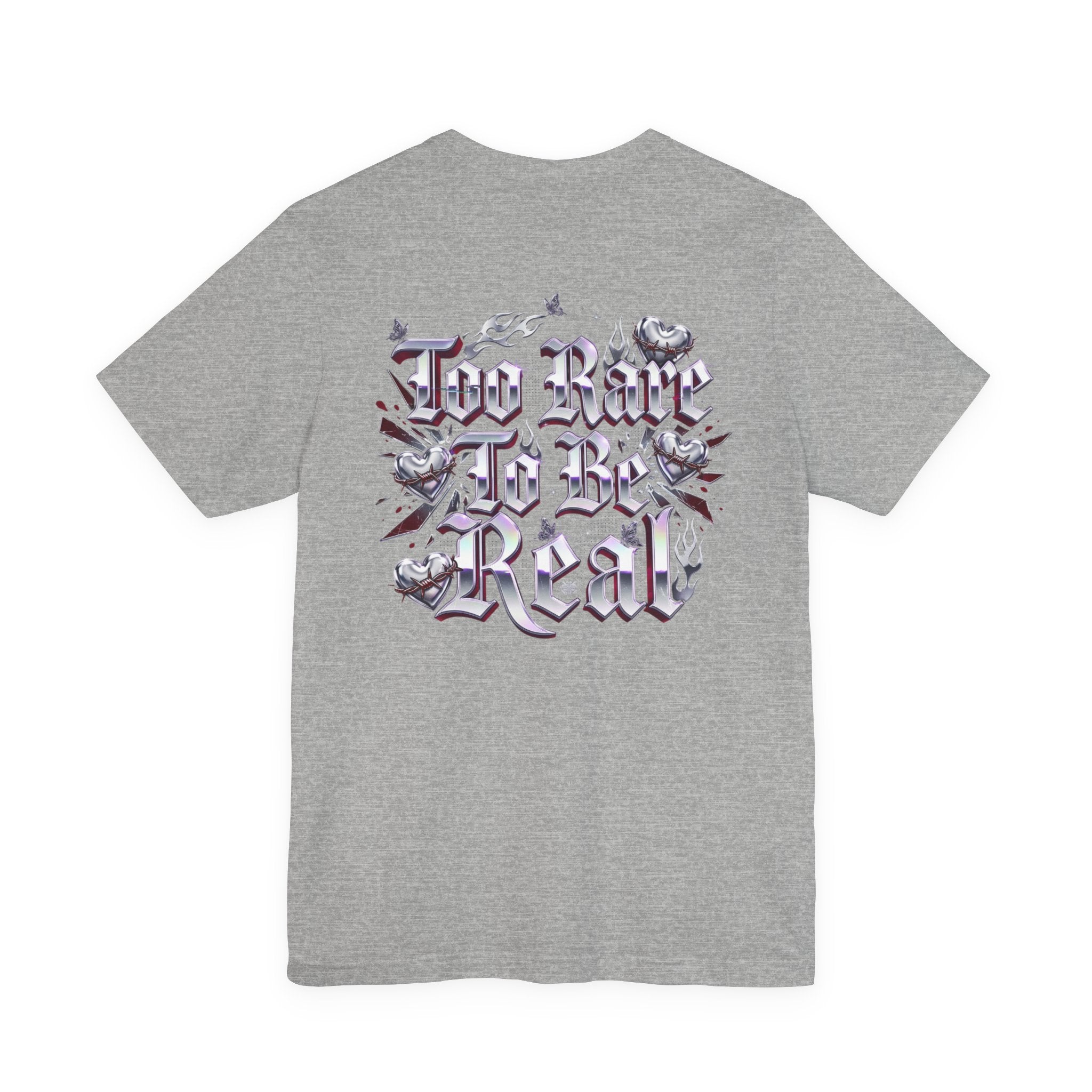 Too Rare To Be Real Tee | Y2K slogan, metallic gothic script, bubblegum accents