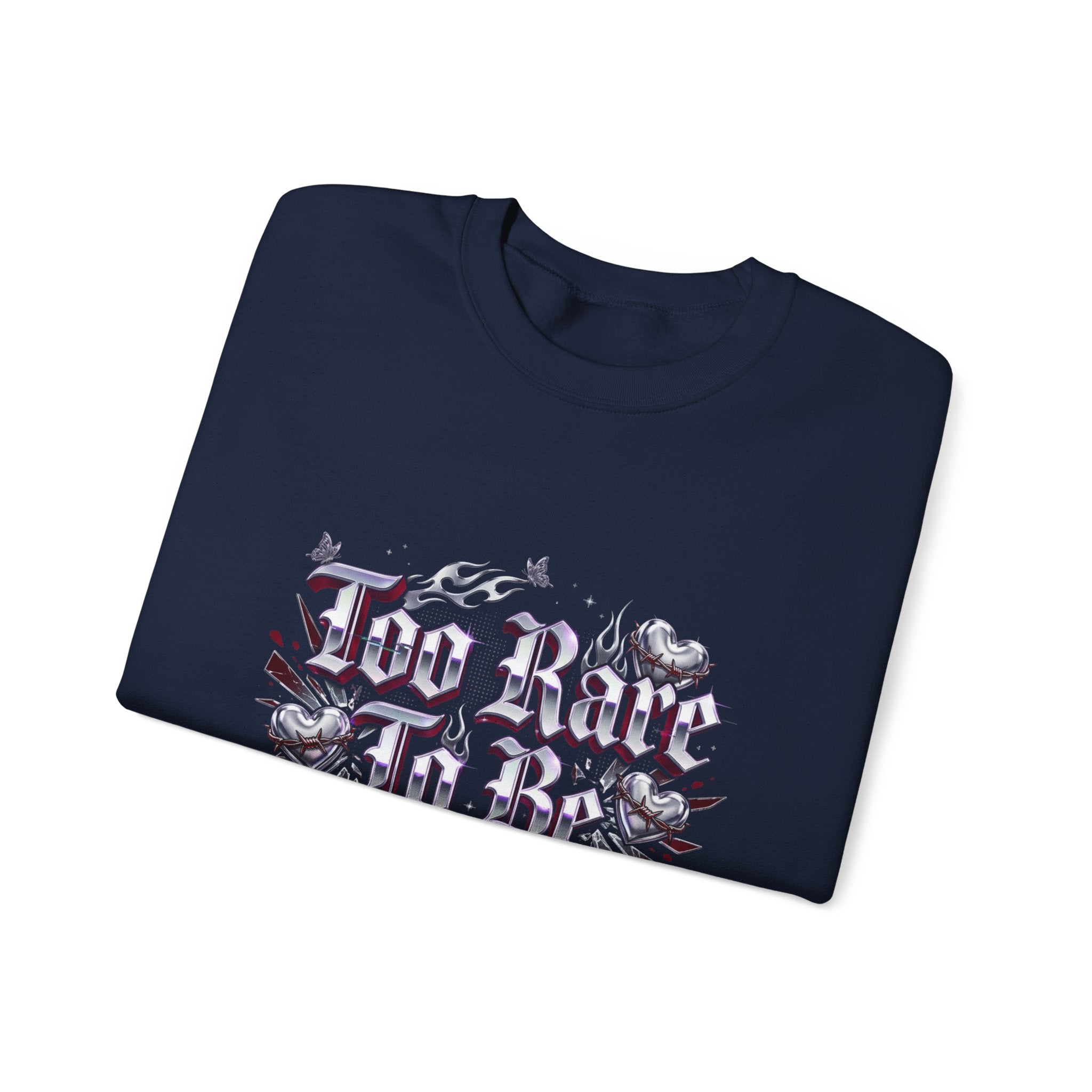 Too Rare To Be Real Sweatshirt | Y2K slogan, rhinestone look, hot pink accents