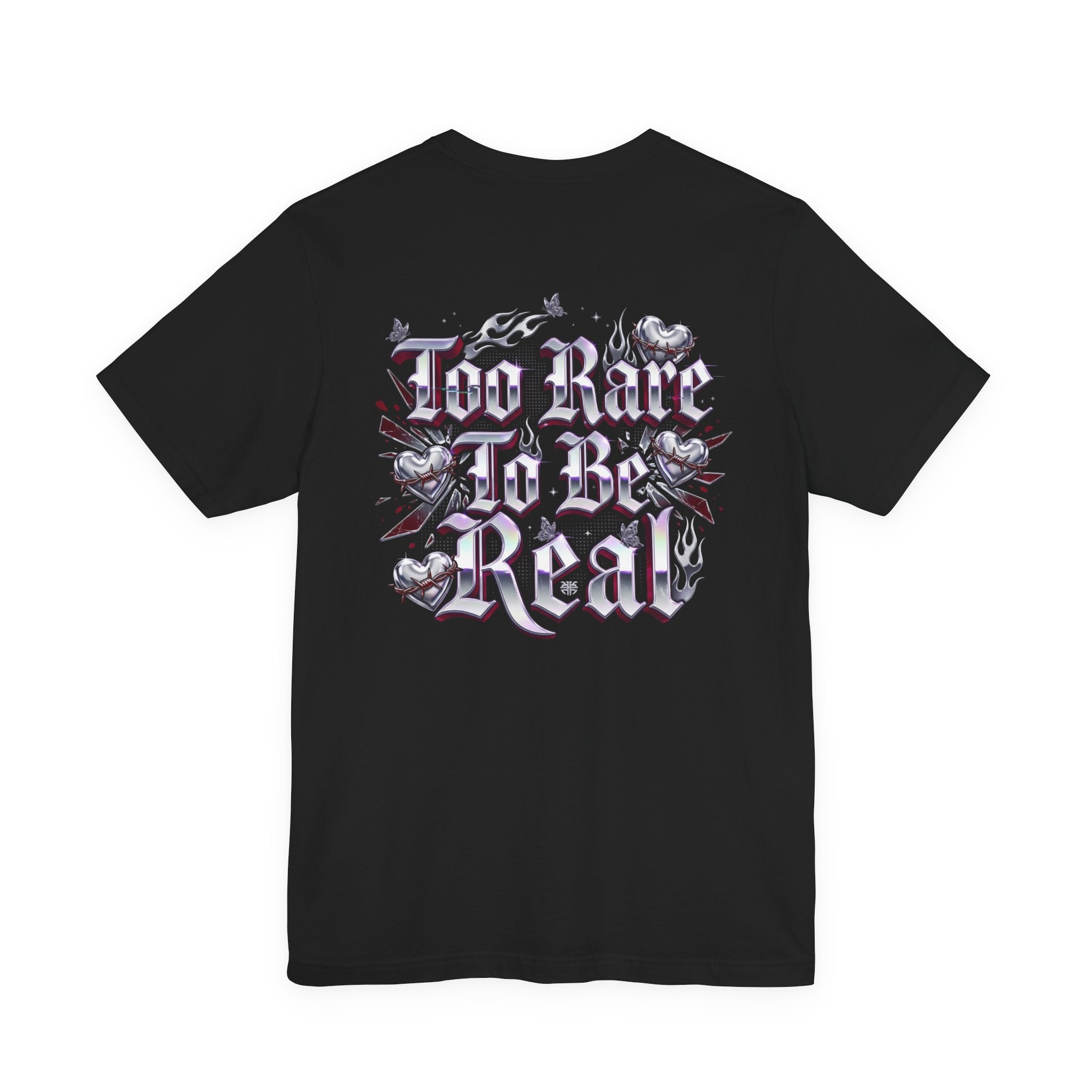 Too Rare To Be Real Tee | Y2K slogan, metallic gothic script, bubblegum accents