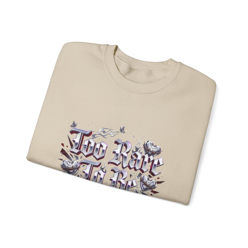 Too Rare To Be Real Sweatshirt | Y2K slogan, rhinestone look, hot pink accents