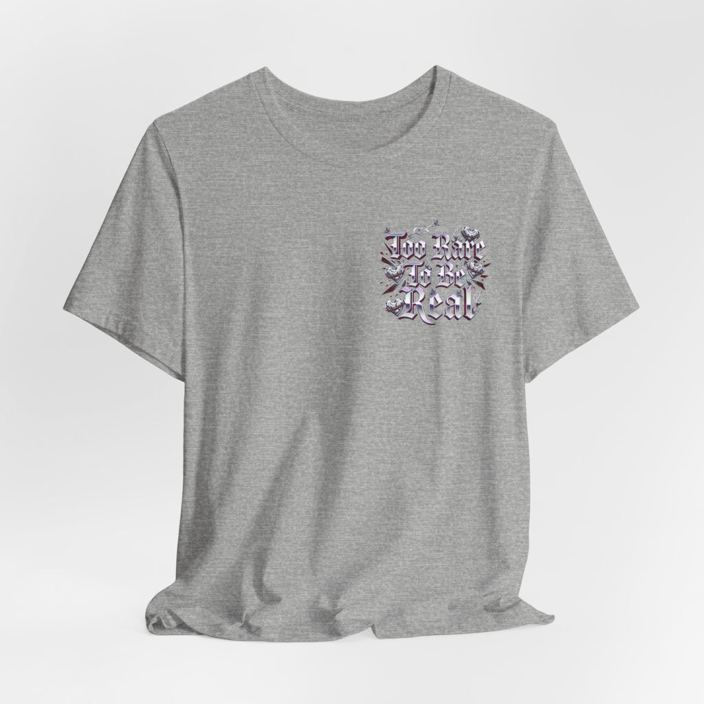 Too Rare To Be Real Tee | Y2K slogan, metallic gothic script, bubblegum accents